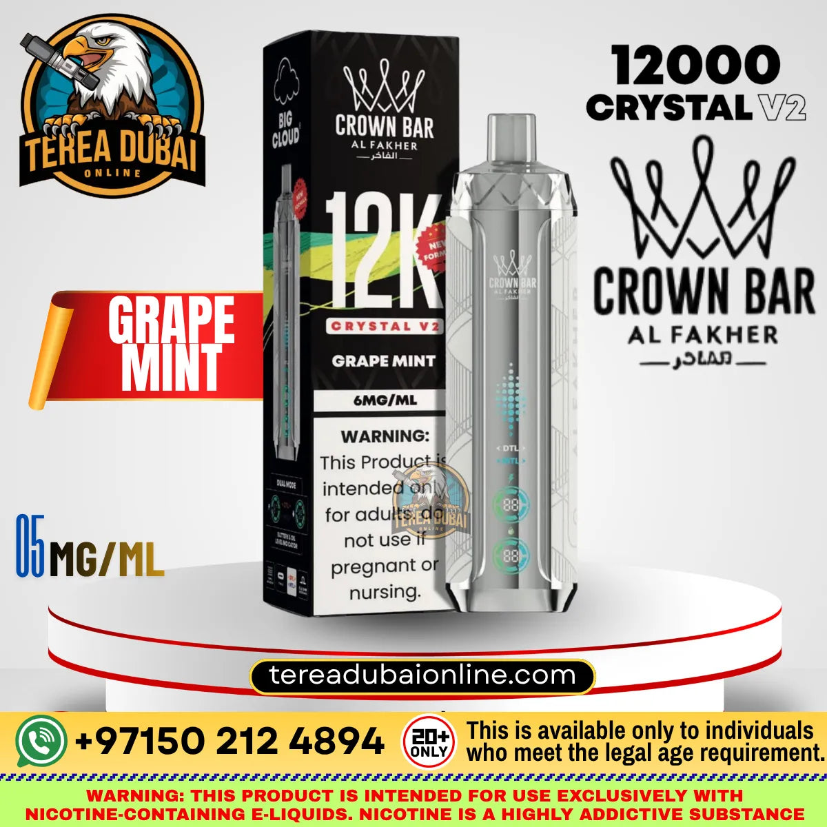 Crown Bar Al Fakher Crystal V2 disposable vape in Grape Mint flavor.