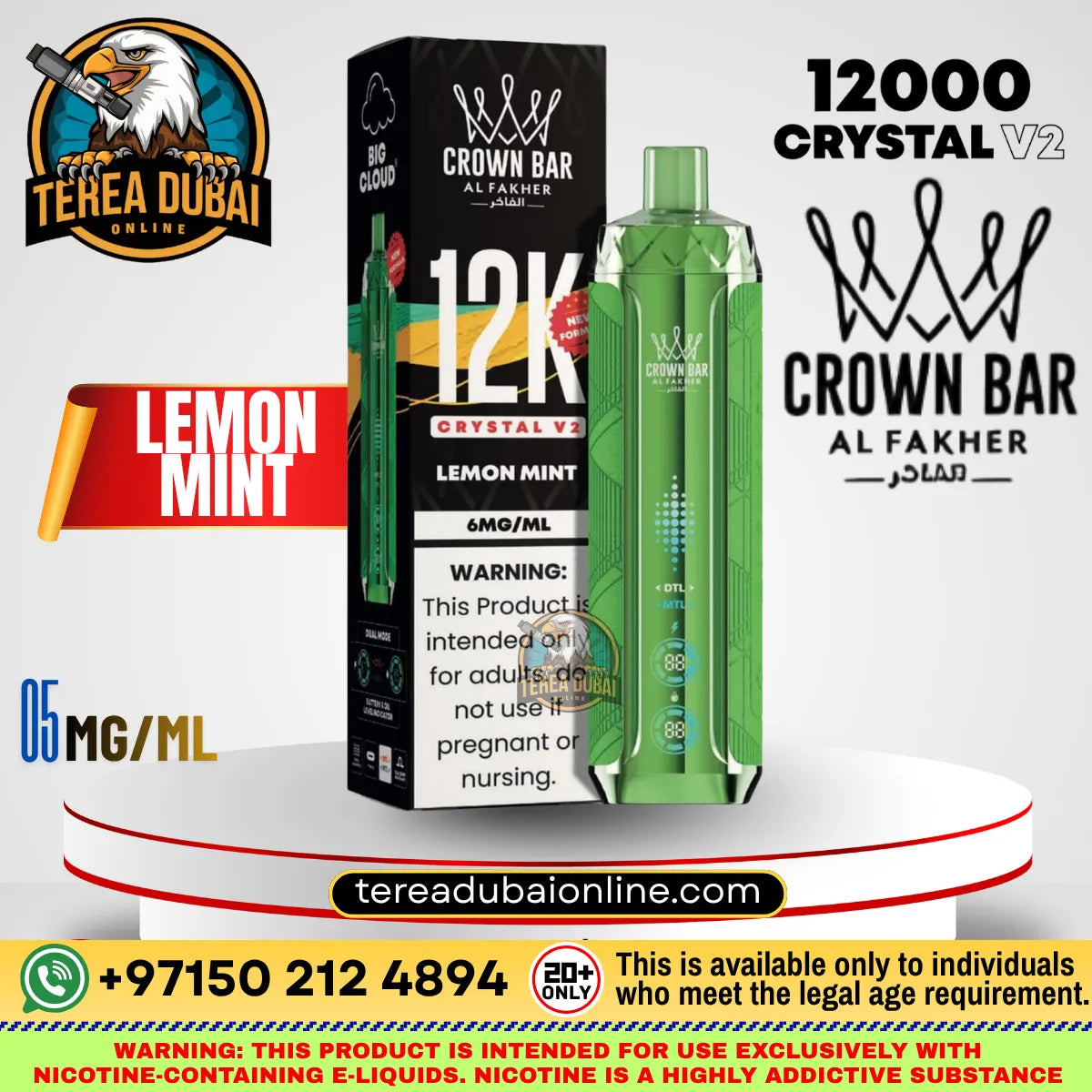AL FAKHER Crystal V2 12K Puffs Dual Mode Rechargeable Disposable Vape Lemon Mint Flavor.