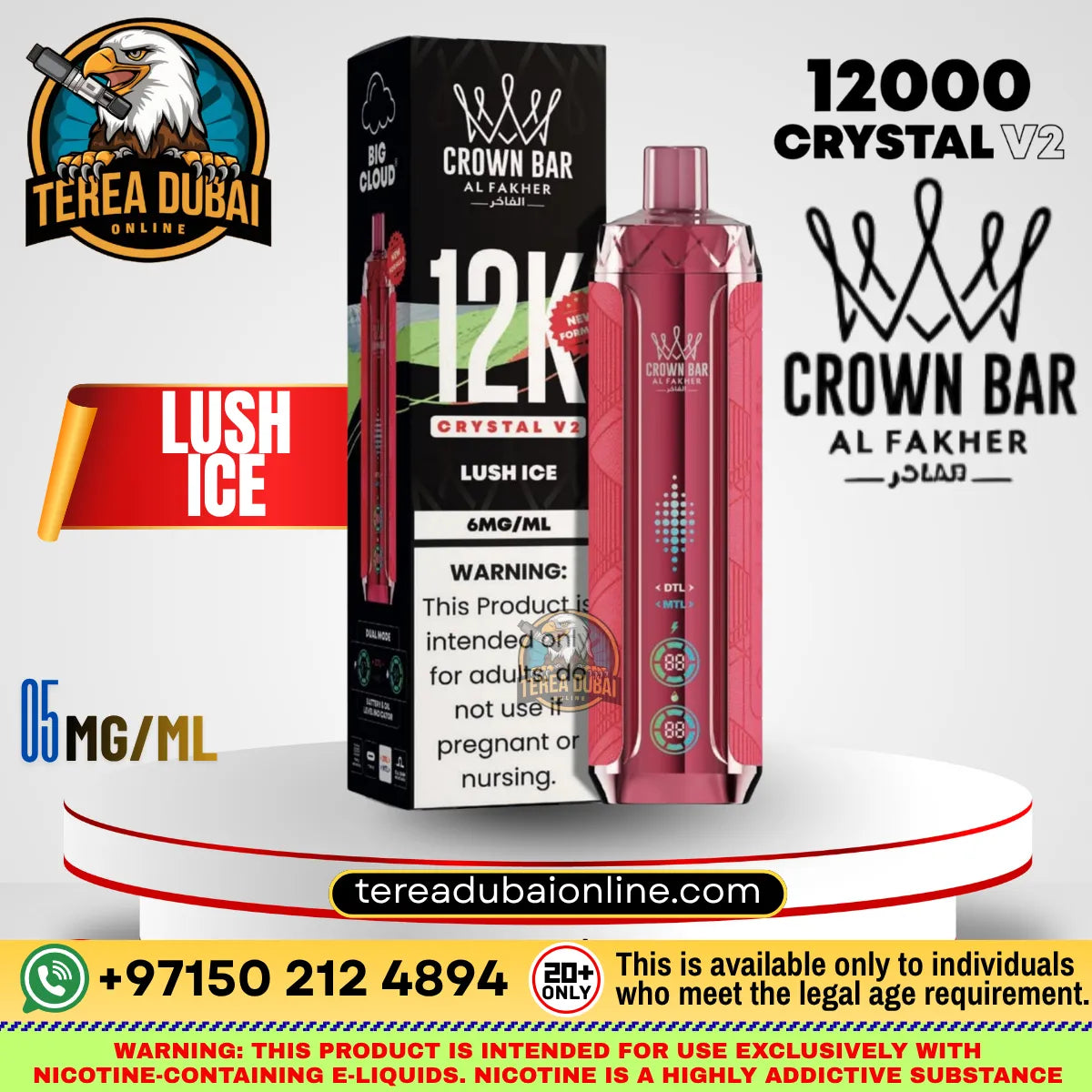 Crown Bar Al Fakher Crystal V2 Rechargeable disposable Dual Mode vape device in 'Lush Ice' flavor In Dubai UAE