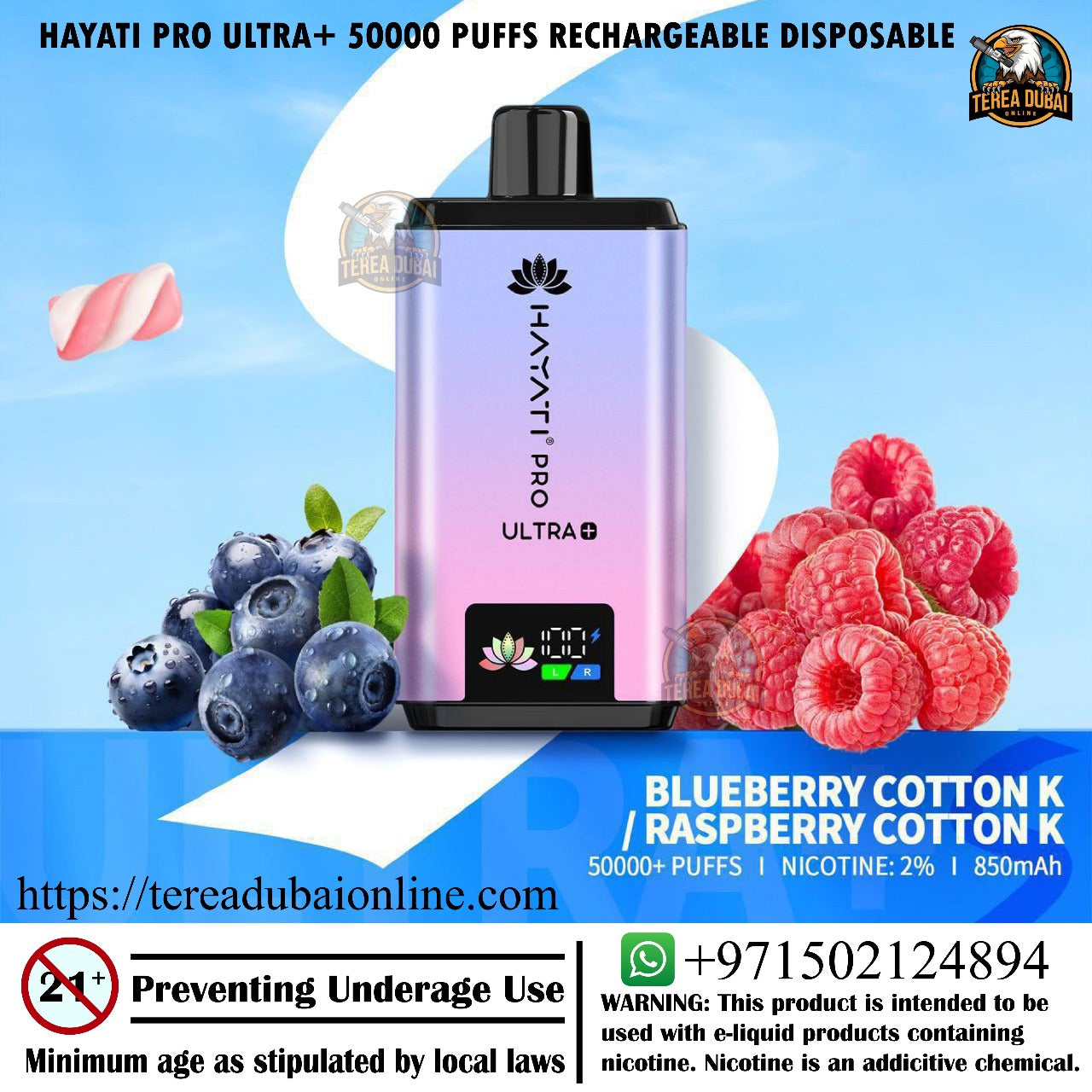 Hayati Pro Ultra+ vape device with blueberries, raspberries, and promotional text on a blue background