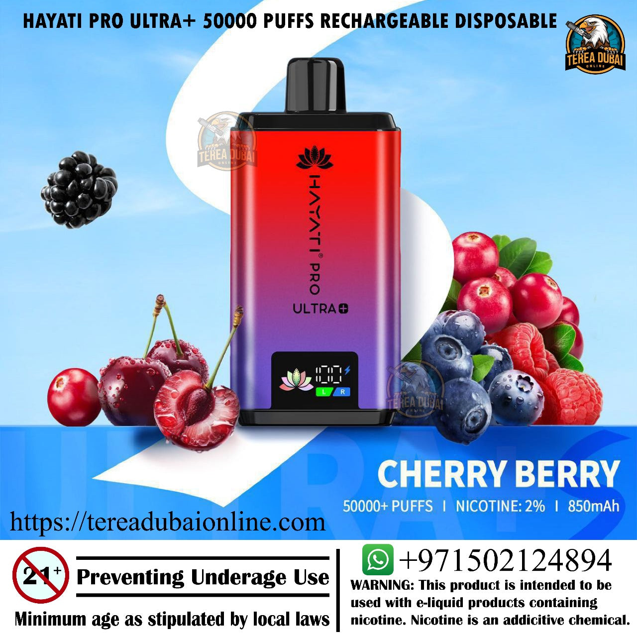 Hayati Pro Ultra+ vape device with cherry berry flavor on a blue background