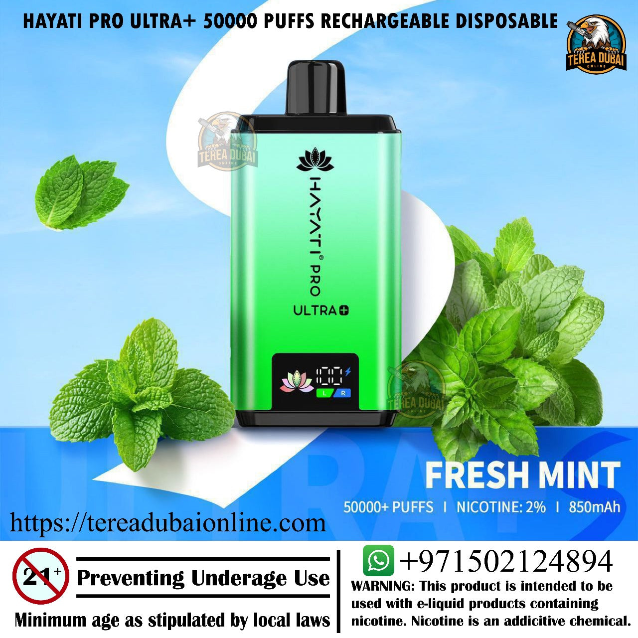 Green vape device with mint leaves on a blue background, featuring the brand 'Hayati Pro Ultra+