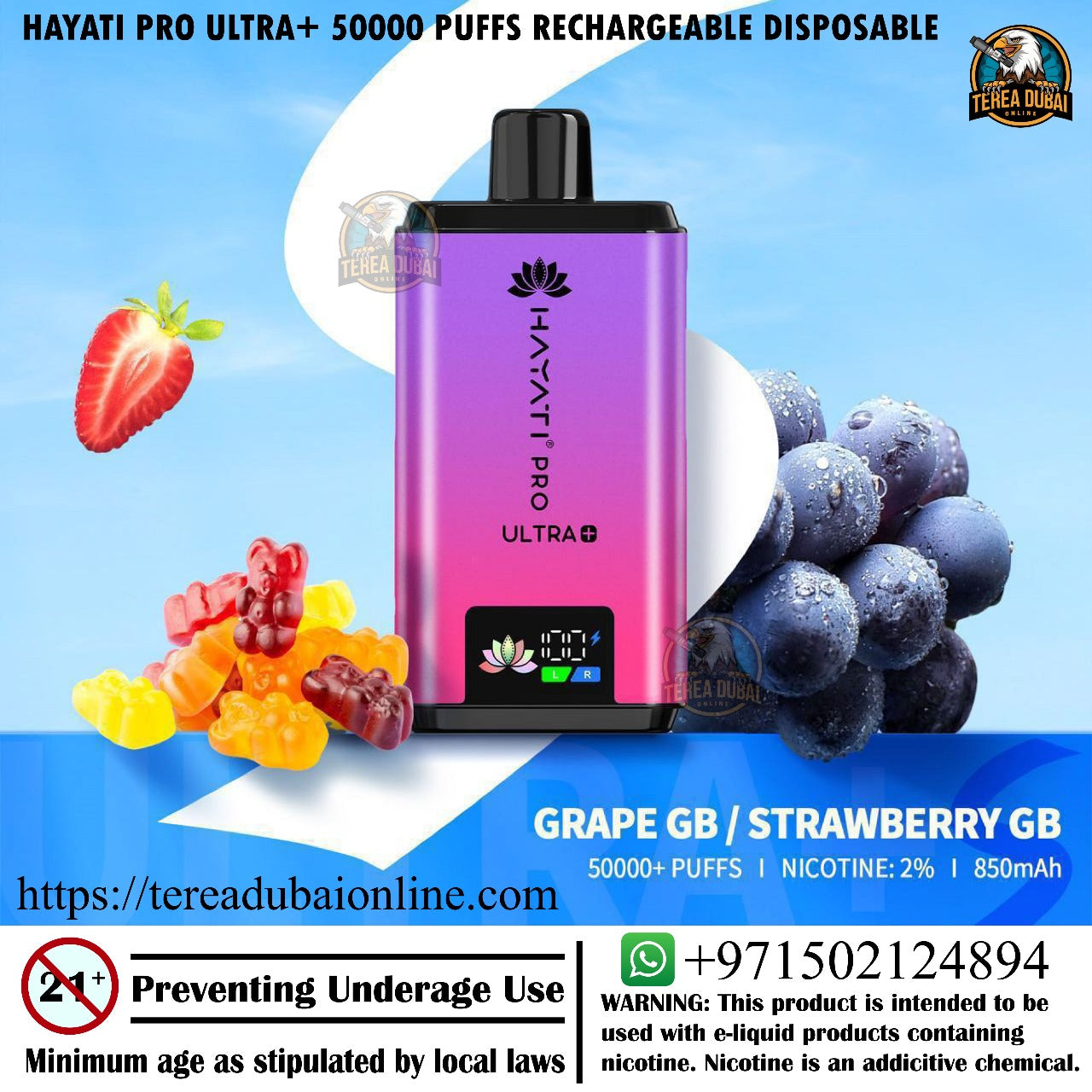 Hayati Pro Ultra+ vape device with fruit graphics on a blue background