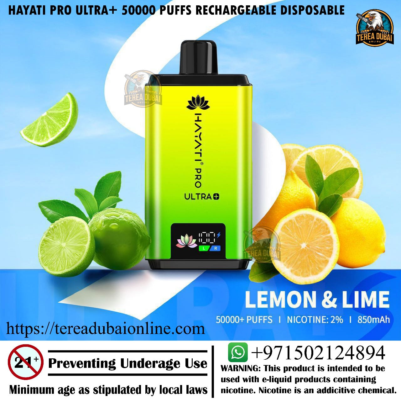 Hayati Pro Ultra+ vape device with lemon and lime graphics on a blue background