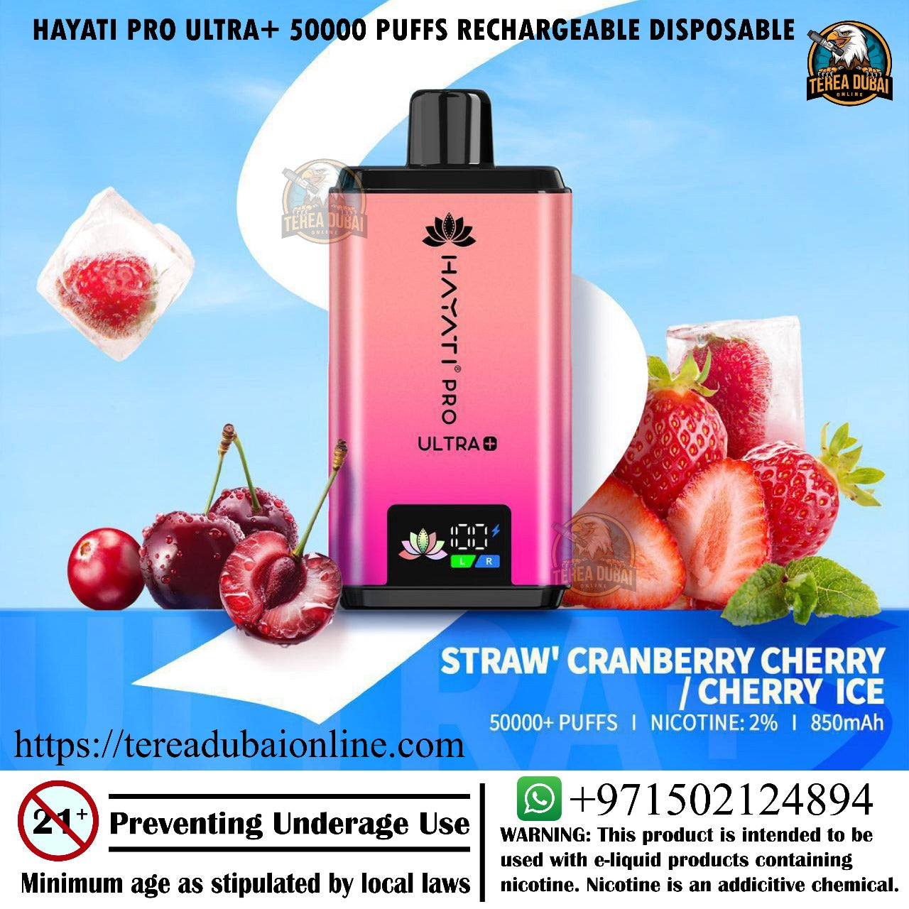 Hayati Pro Ultra+ vape device with fruit graphics on a blue background
