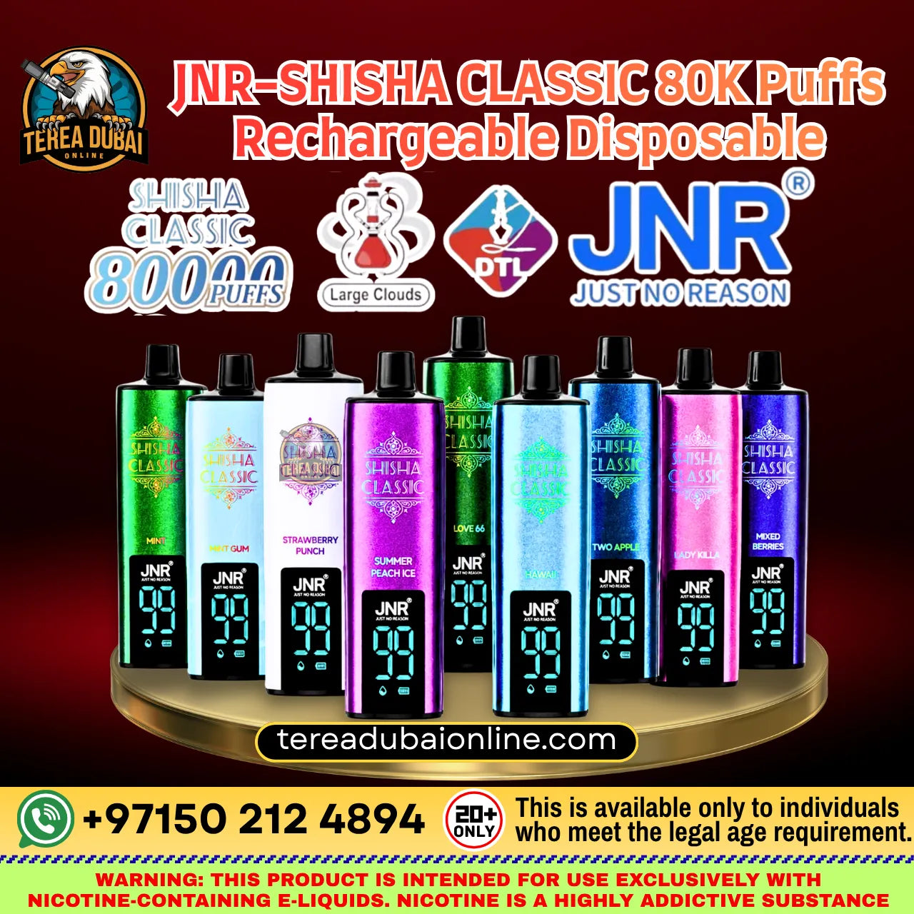 A promotional graphic for JNR Shisha Classic 80000 Puffs disposable vape devices, showing multiple colorful vape units on a gold platform against a dark red gradient background with large text and branding.