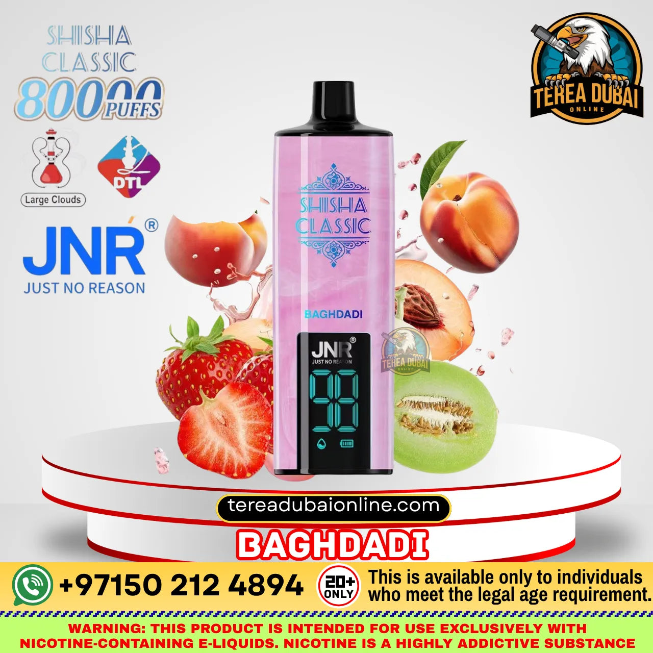 A pink and black JNR Shisha Classic 80k puffs Baghdadi disposable vape device, displayed on a white and red tiered pedestal with fresh peach, strawberry, and melon graphics. The image features multiple brand logos and promotional text overlays.