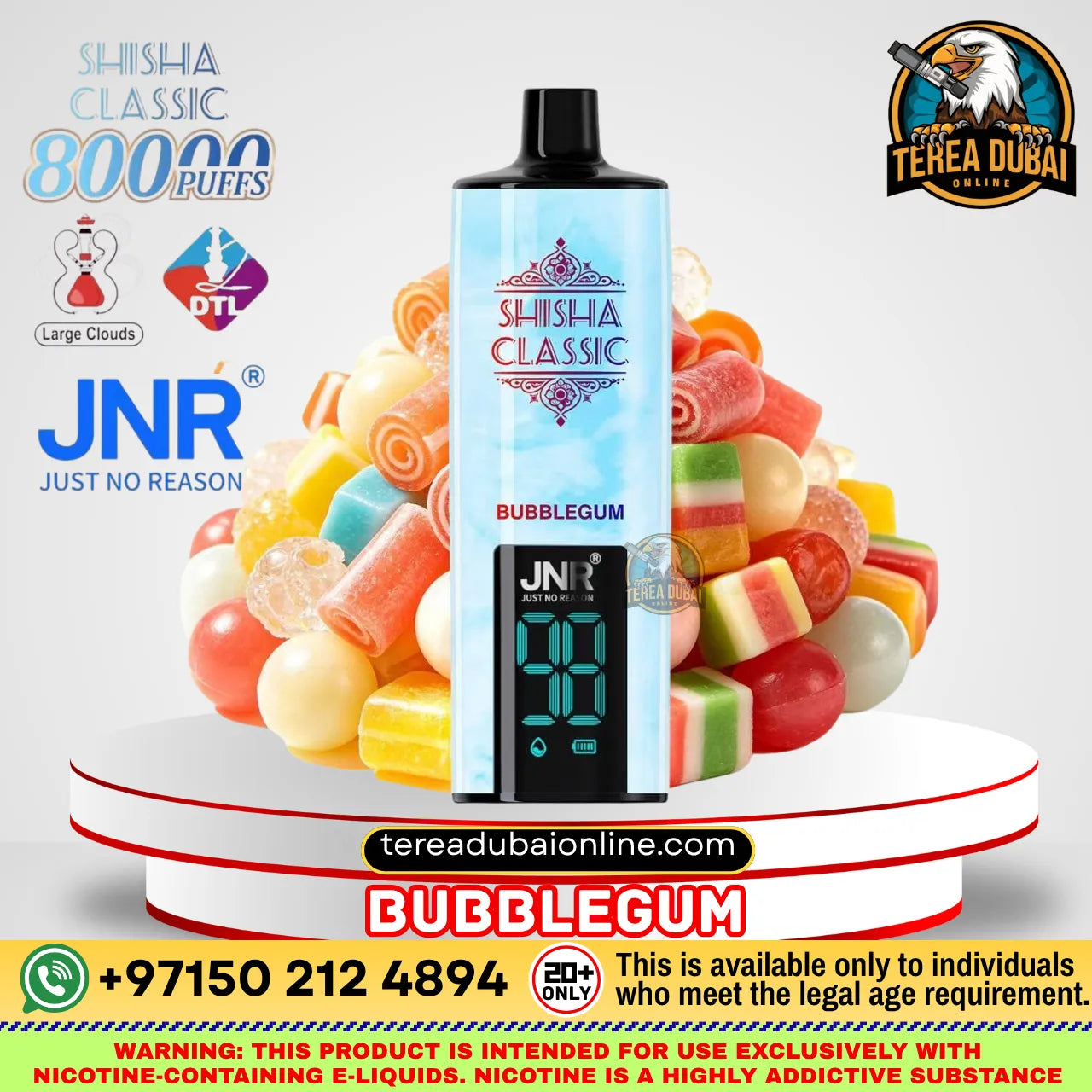 A JNR Shisha Classic Bubblegum disposable vape device centered in front of a pile of assorted colorful gummy candies, with multiple promotional logos and text overlays including JNR, Terea Dubai, and DTL on a light gray background.