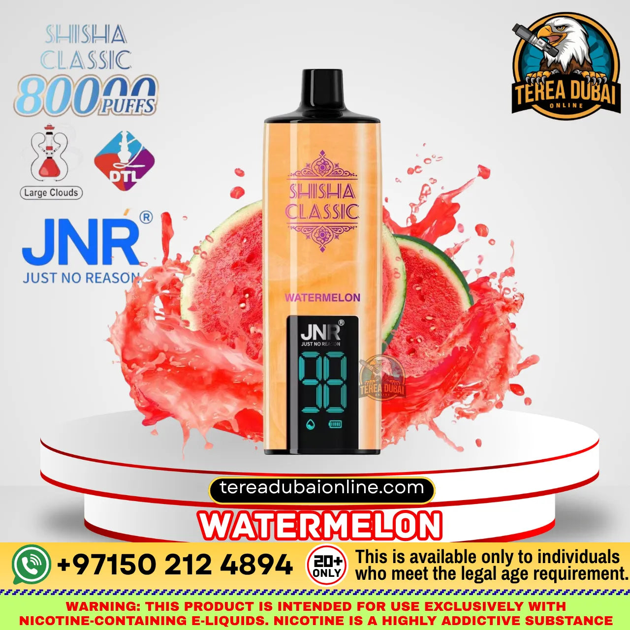 JNR Shisha Classic 800 Puffs Watermelon flavor disposable vape device displayed on a white pedestal with watermelon graphics and promotional text overlays.