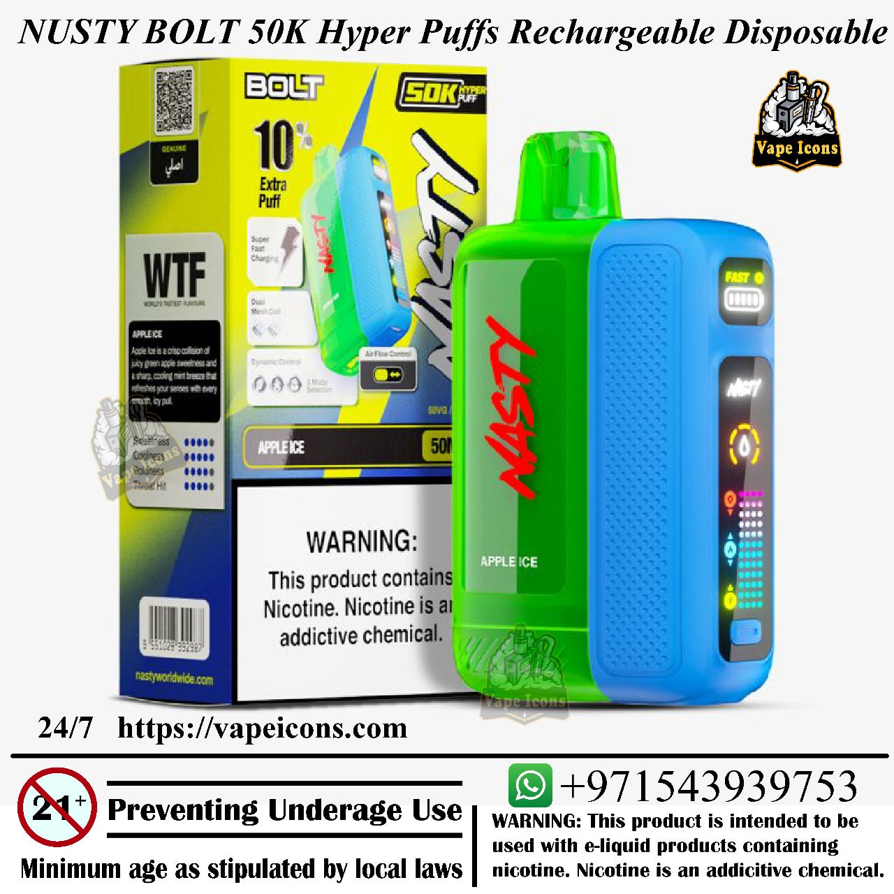 Nusty Bolt 50K Hyper Puffs Rechargeable Disposable vape device with packaging and branding elements. 50mg Nicotine, Best Vape Flavour, Vape UAE.