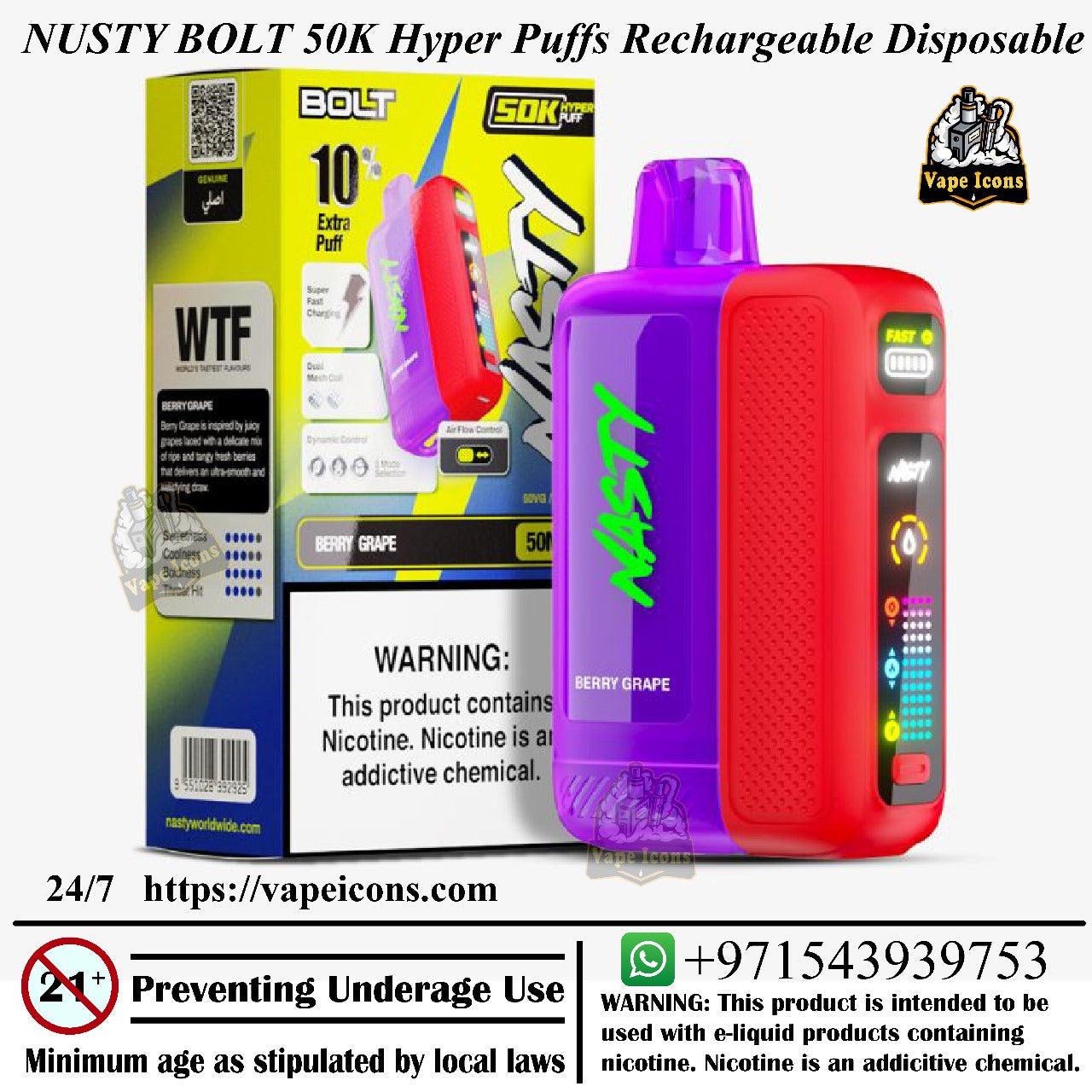 Nusty Bolt 50K Hyper Puffs Rechargeable Disposable device with packaging and branding elements. Premium Vape Flavour, 20mg Vape, )mg Vape.