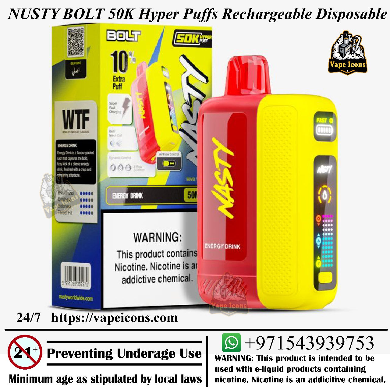 Nusty Bolt 50K Hyper Puffs Rechargeable Disposable device with packaging and branding on a white background. Vape Dubai, Online Buy Vape,