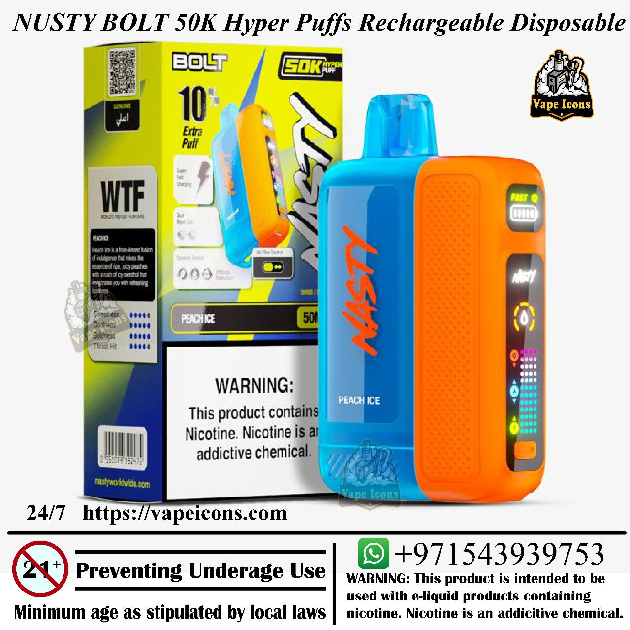 Nusty Bolt 50K Hyper Puffs Rechargeable Disposable vape device with packaging and branding. Best Vape Device, Juicy Vape Flavour.