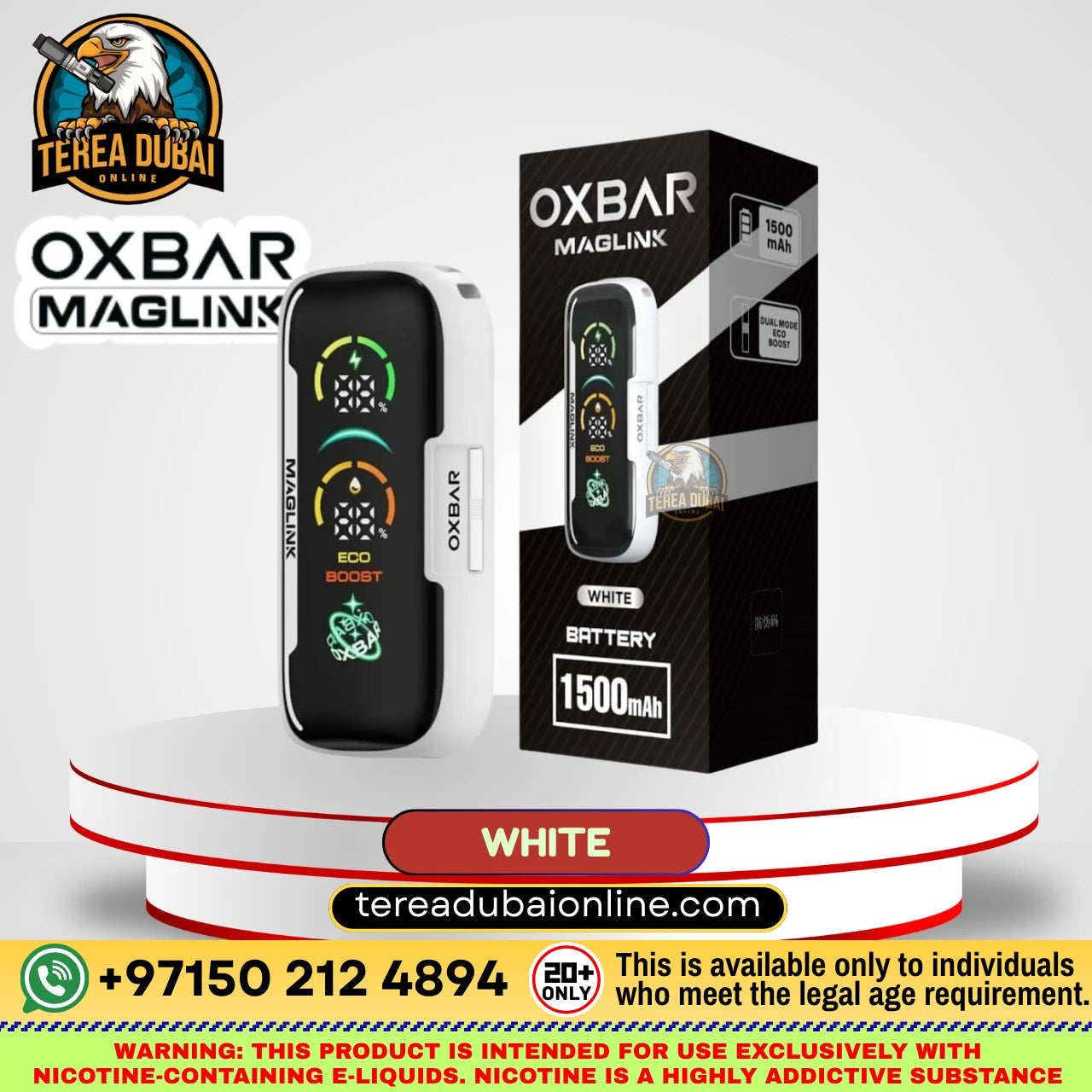 Oxbar Maglink Pod Disposable 50K Puffs 5% In UAE| Terea Dubai Online Battery. Oxbar Maglink white disposable vape device shown next to its black and white retail packaging box, presented on a white display pedestal with promotional text and branding.