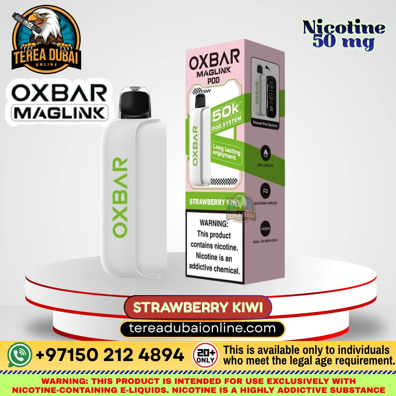 Oxbar Maglink Pod Disposable 50K Puffs 5% In UAE| Terea Dubai Online in white with green branding, shown next to its pink and white retail box labeled Strawberry Kiwi. The image includes multiple promotional overlays, including the Terebua Dubai Online logo, 'OXBAR MAGLINK' branding, 'Nicotine 50 mg' text, and a red and white display stand.