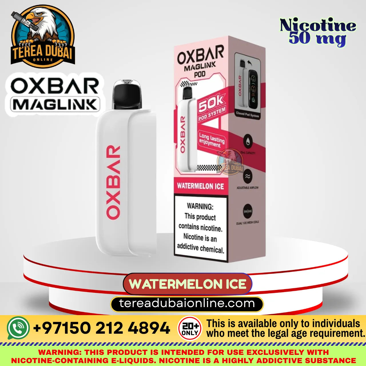 Oxbar Maglink Pod Disposable 50K Puffs 5% In UAE| Terea Dubai Online in Watermelon Ice flavor, shown next to its retail packaging box. The device is white with a black mouthpiece and red vertical branding.