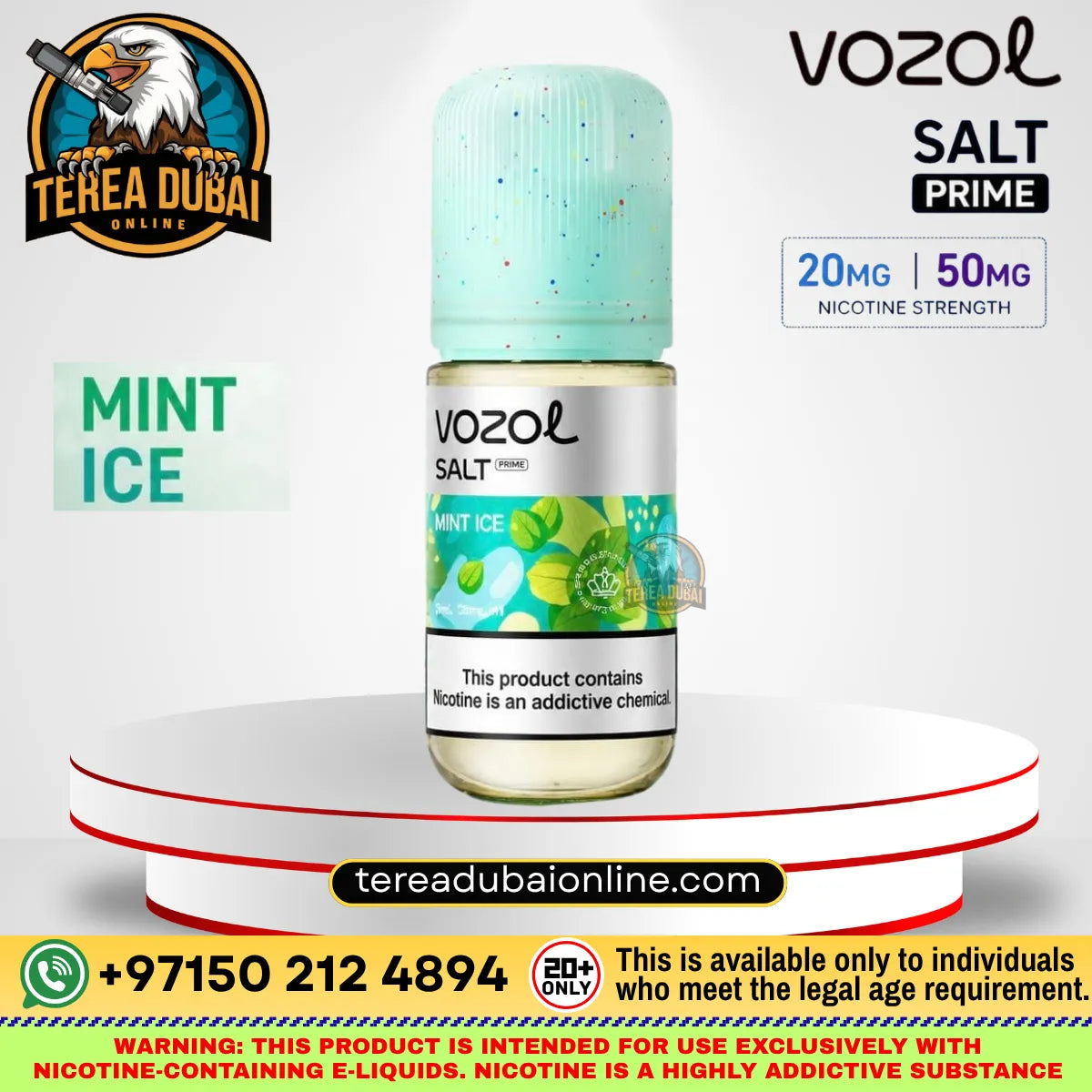 Vozol Prime Luxurious Salt-Nic E-Liquid Mint Ice e-liquid bottle displayed on a white pedestal with promotional text and logos. The bottle has a mint green cap with colorful speckles and a white label featuring mint green and blue graphics.
