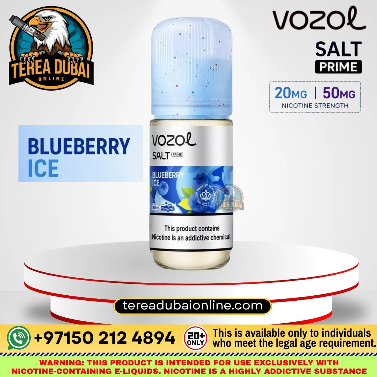 Vozol Prime Luxurious Salt-Nic E-Liquid Blueberry Ice displayed on a white and red tiered pedestal, with brand logos and nicotine strength details on a light gray background.