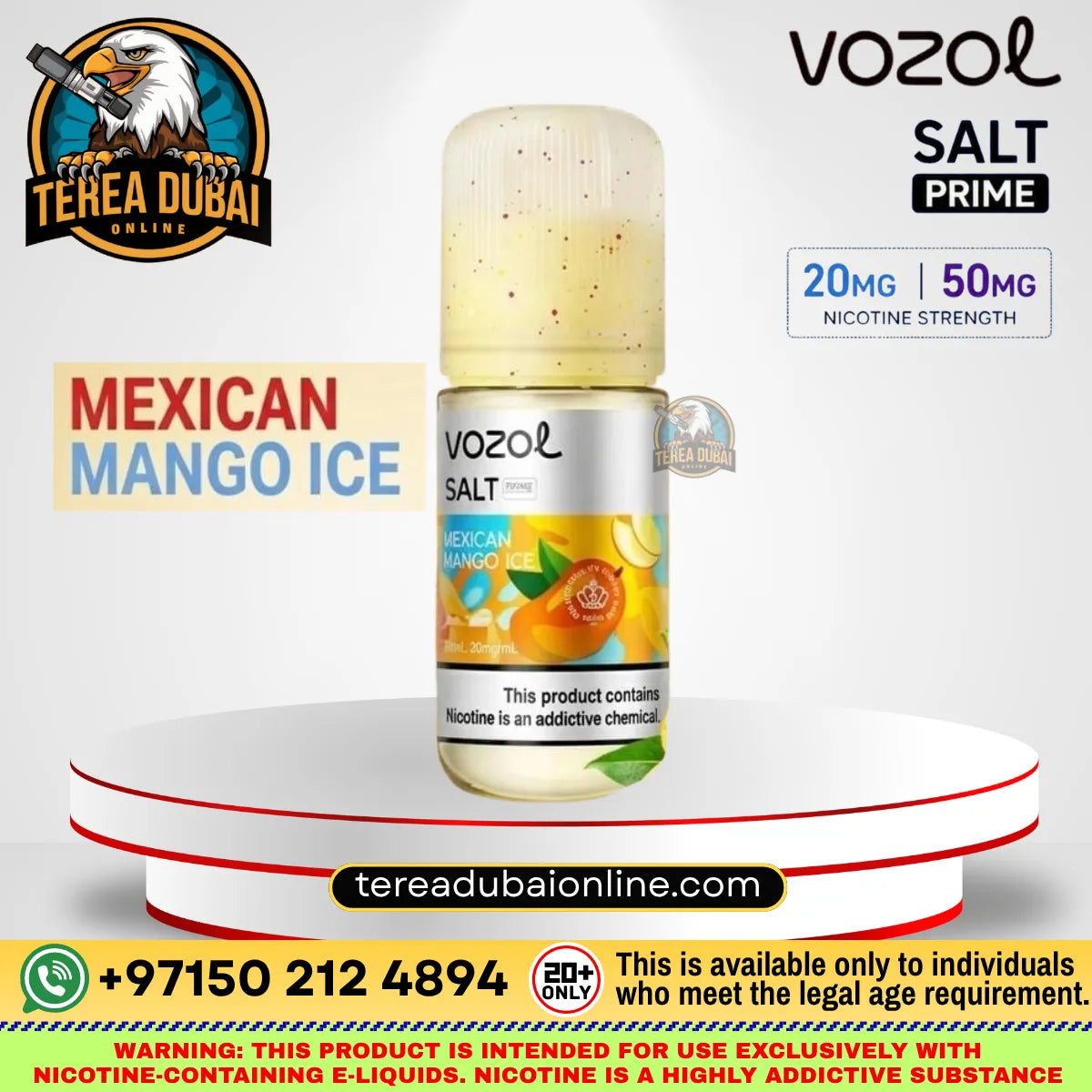 Vozol Prime Luxurious Salt-Nic E-Liquid in the Mexican Mango Ice flavor, displayed on a white tiered pedestal. The bottle has a frosted cap and a label featuring mango and lime graphics.