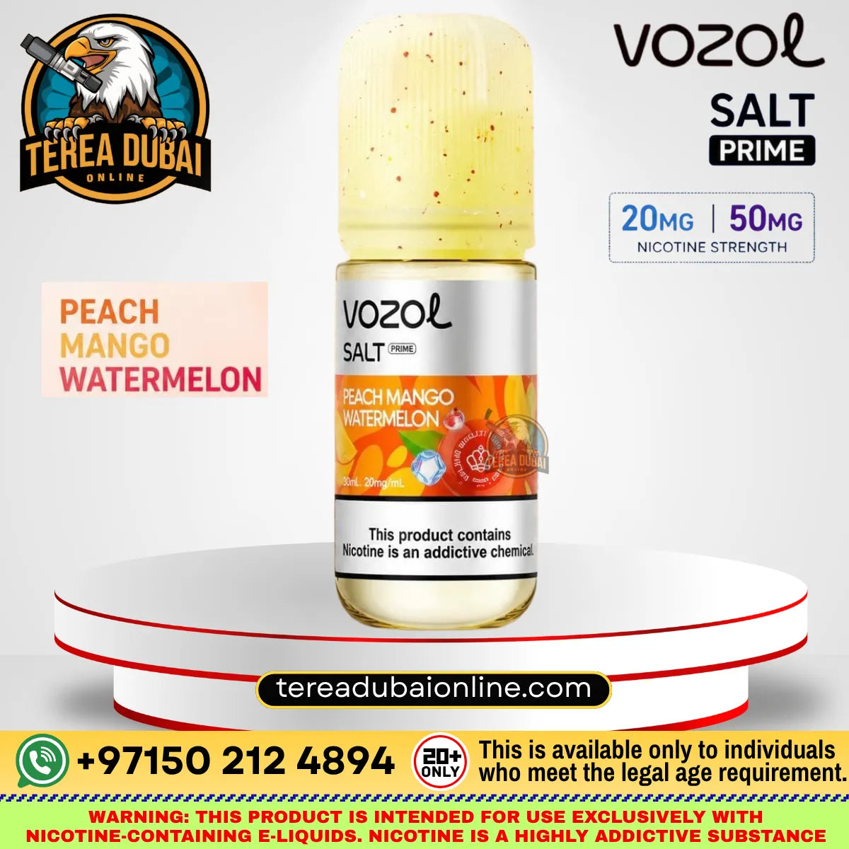 Vozol Prime Luxurious Salt-Nic E-Liquid Peach Mango Watermelon e-liquid bottle displayed on a white pedestal with promotional text and branding from Terea Dubai Online.