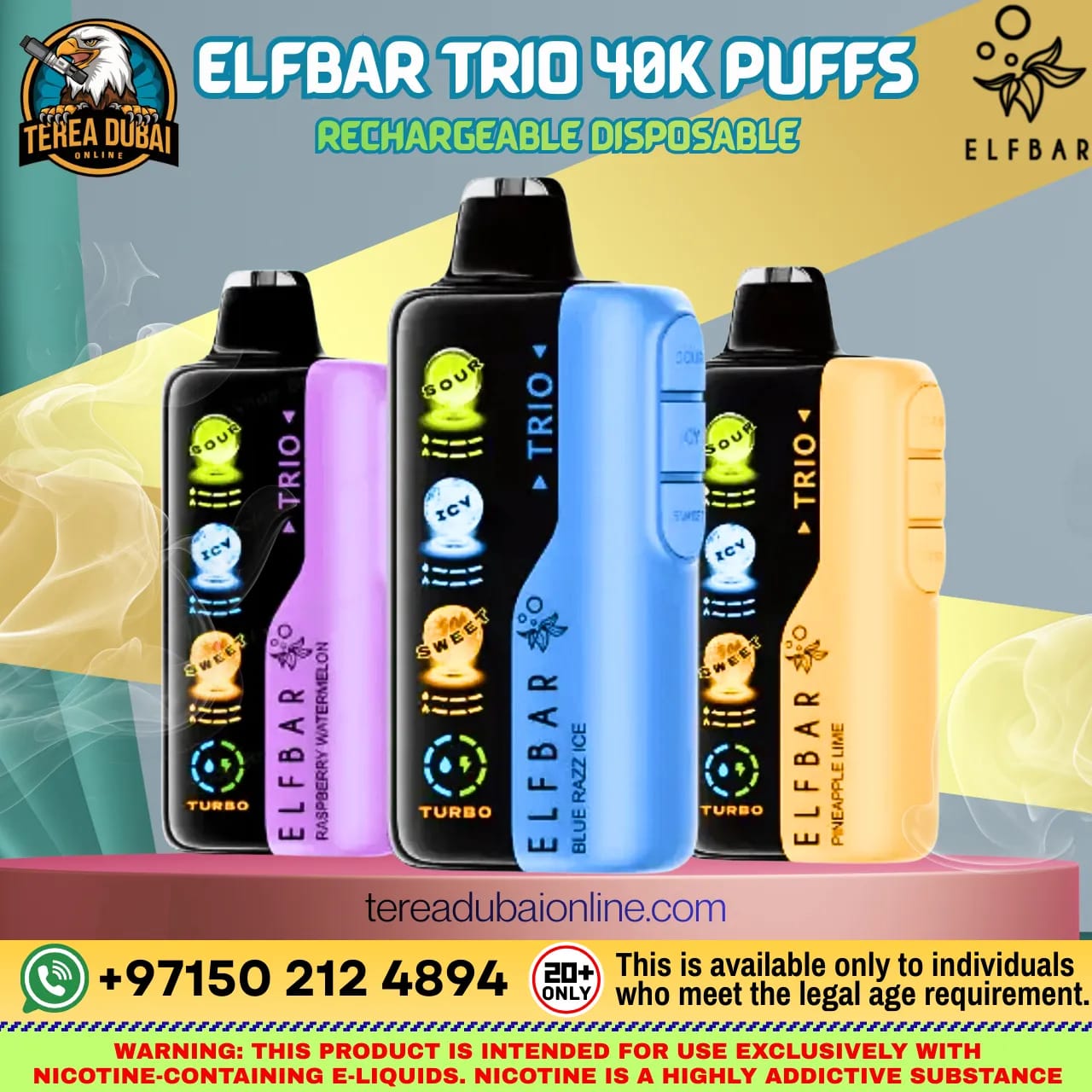 blue trio vape Elf Bar 40000 Puffs Triple Flavor Dubai– Terea dubai online Juicy Bar Pro US cali ul8000 nicotine free vape Flavour:5 x Green Apple