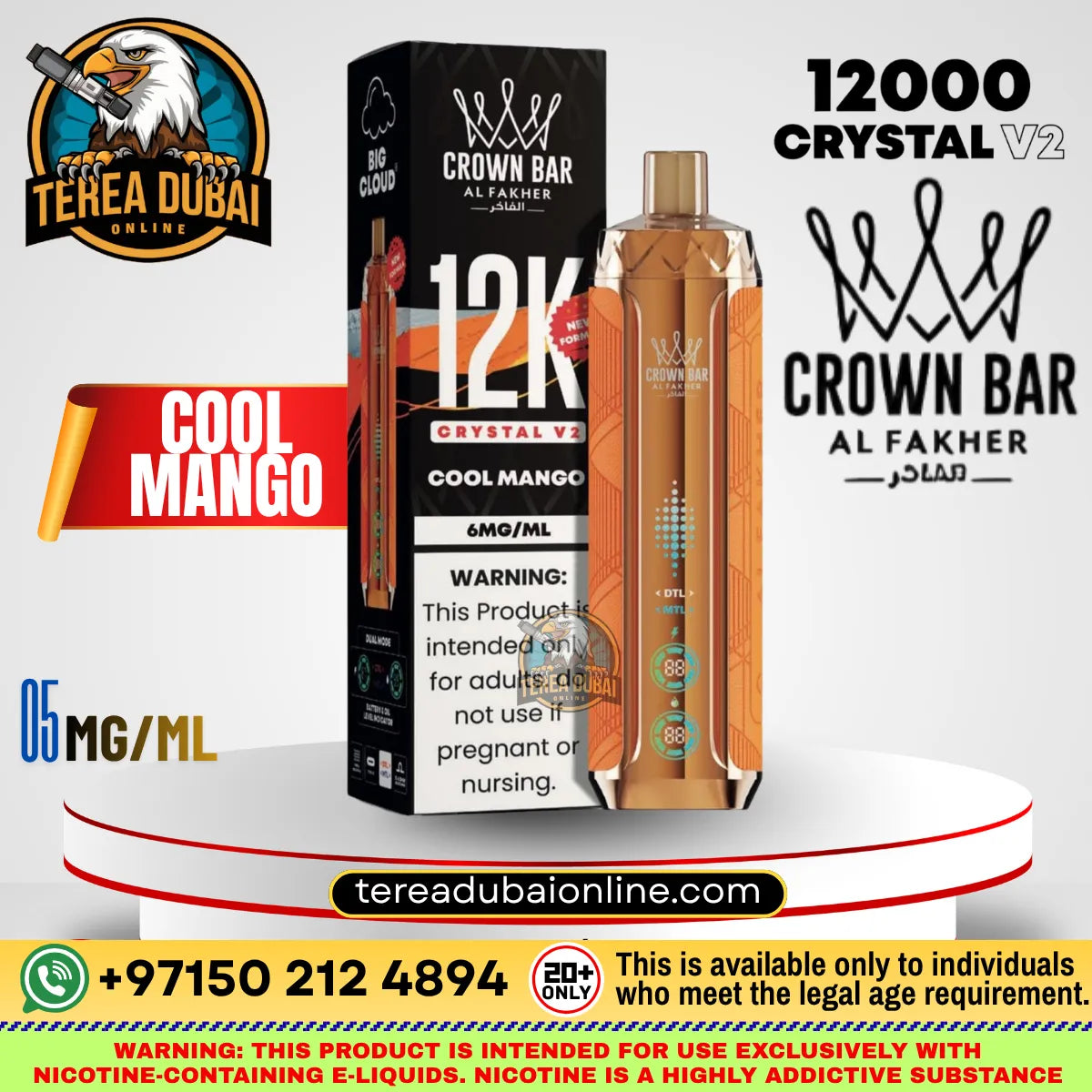 AL FAKHER Crystal V2 12K Puffs Dual Mode Rechargeable Disposable Vape  Cool Mango flavor. 