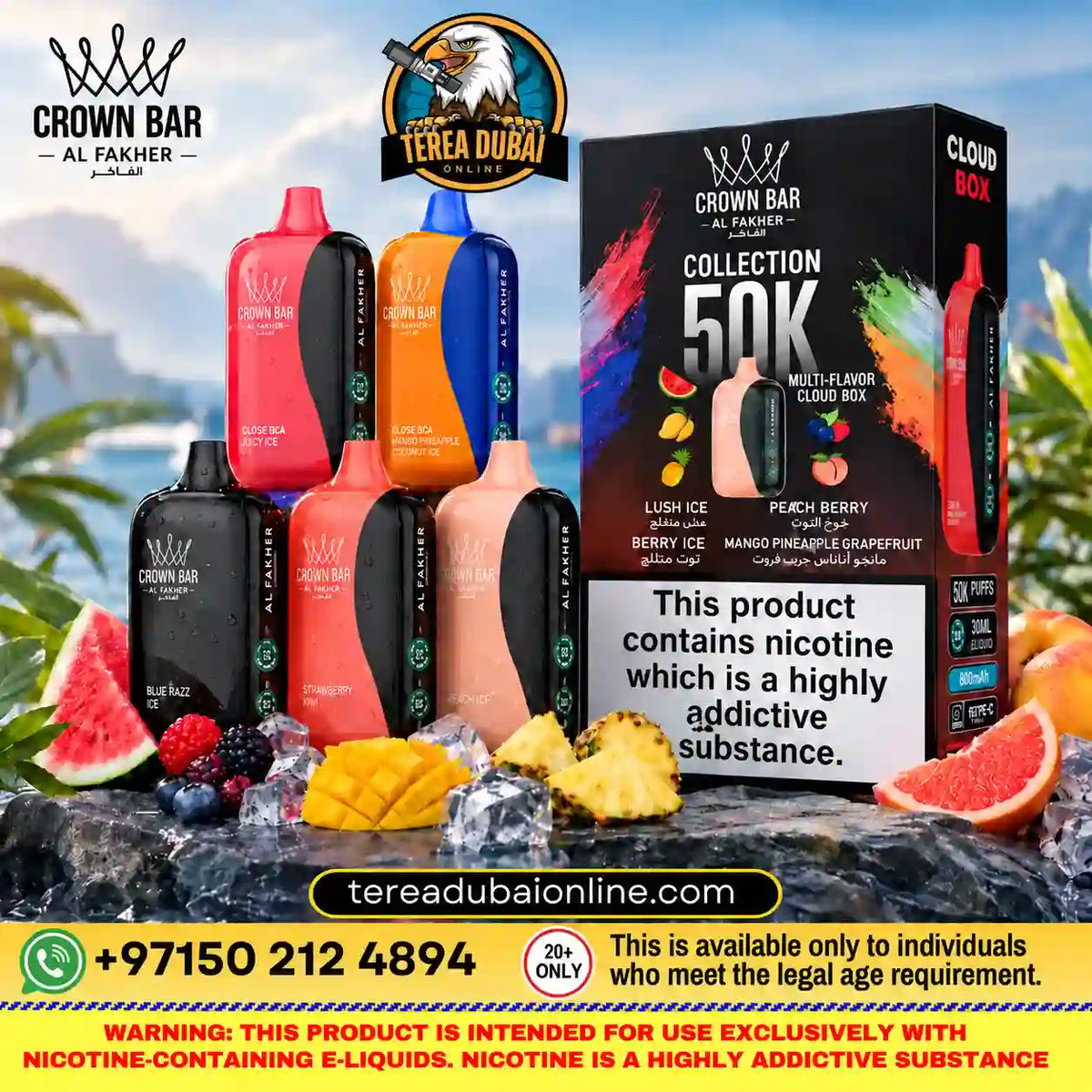 Al Fakher Crown Bar Cloud Box 50k Puffs Rechargeable Disposable showing multiple flavor bottles and packaging boxes alongside ice, fruit slices, and a beach background. Multiple flavor options are visible, including Peach Berry, Mango Pineapple Lychee, Watermelon, Blue Raspberry, and Pink Berry.