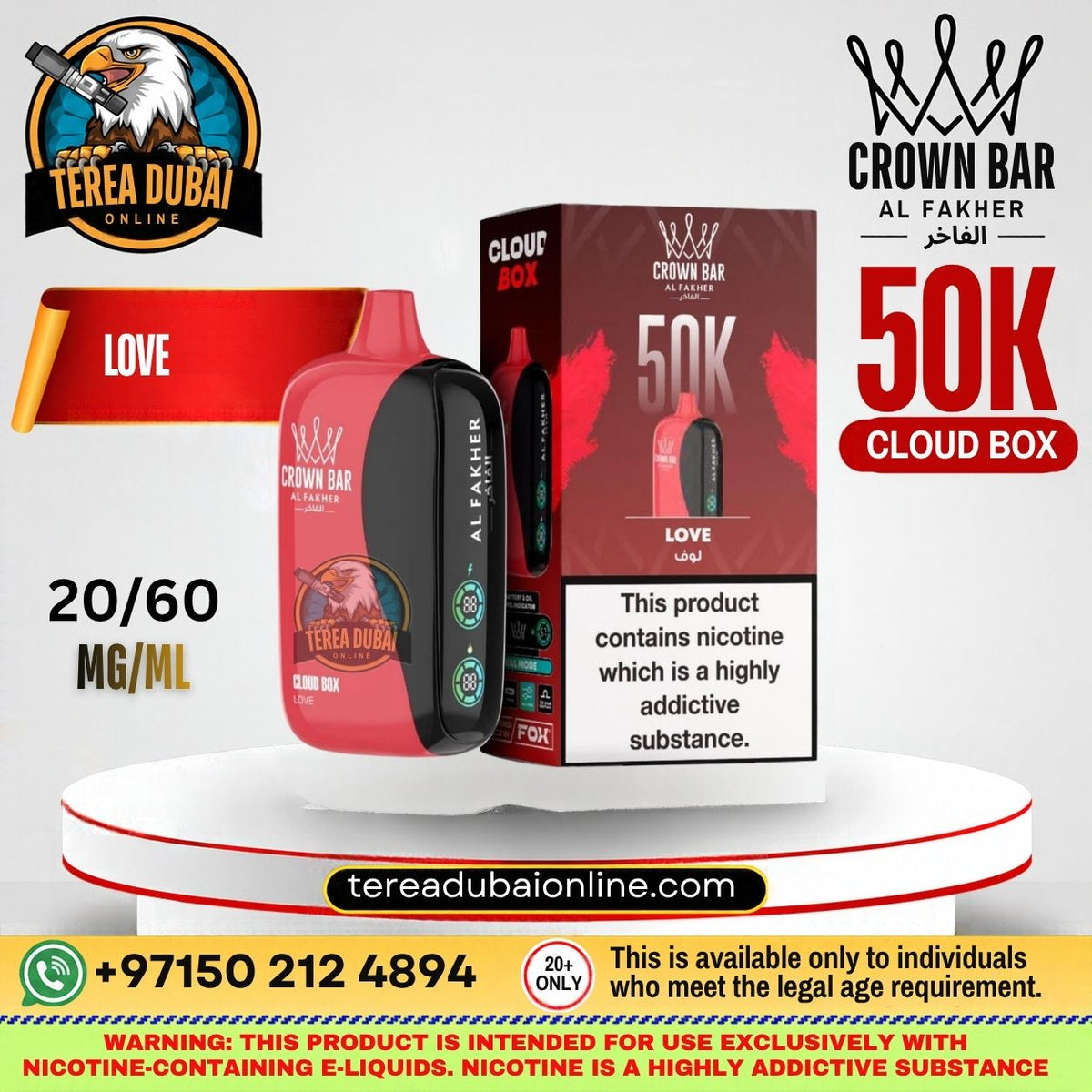 Promotional graphic for a Crown Bar Al Fakhir 50K Cloud Box vape e-liquid in the Love flavor. The image features the product (a red and black vape device) and its retail packaging box, set against a light gray background with various promotional text overlays, logos, and warning labels.