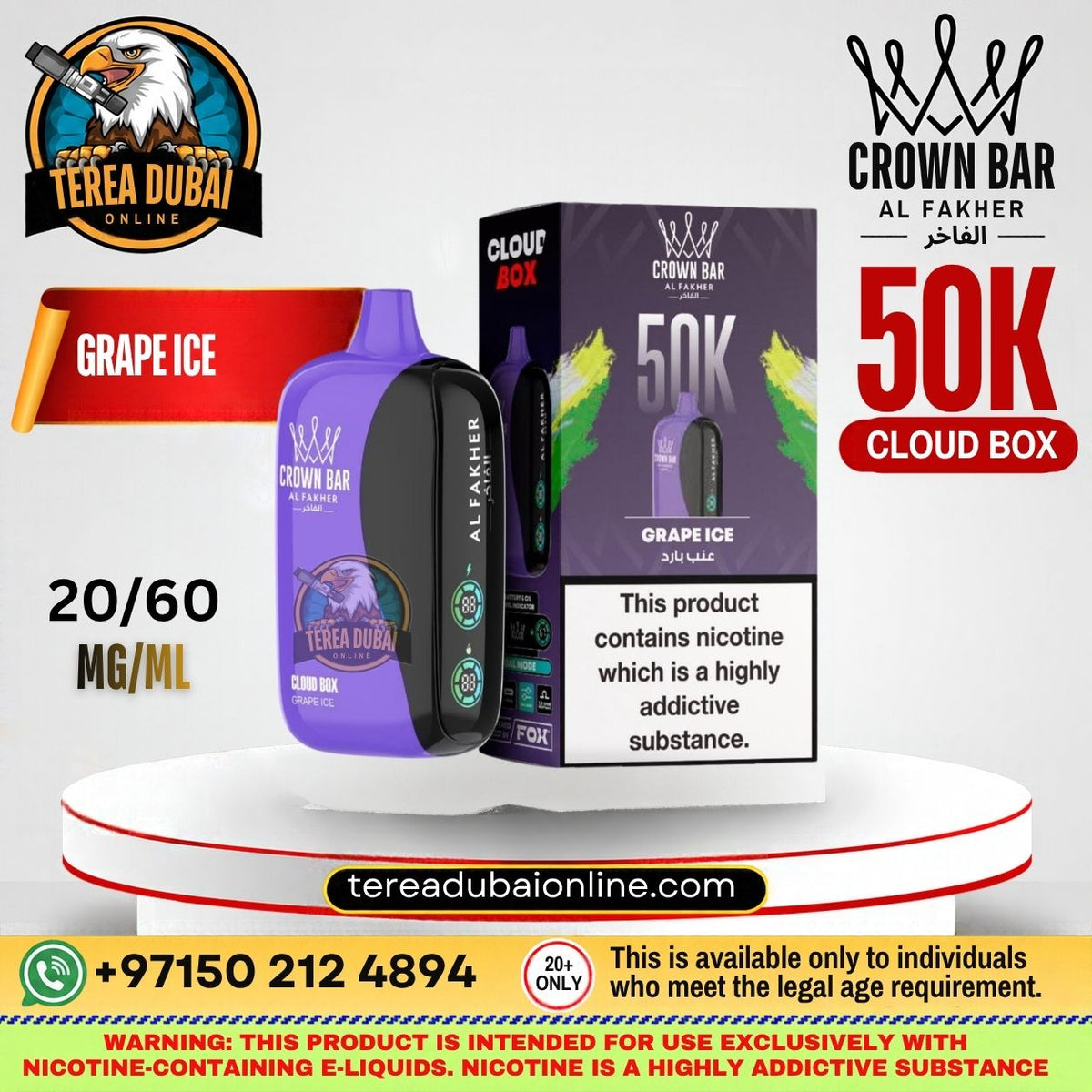Terea Dubai Crown Bar Al Fakher Grape Ice 50K Cloud Box vape device and packaging box shown on a promotional graphic background with branding and age warning text.