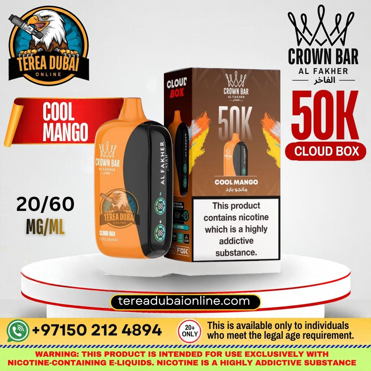 Terea Dubai Cloud Box Al Fakher Cool Mango 50K disposable vape device next to its retail packaging box, displayed on a white pedestal with promotional text overlays.