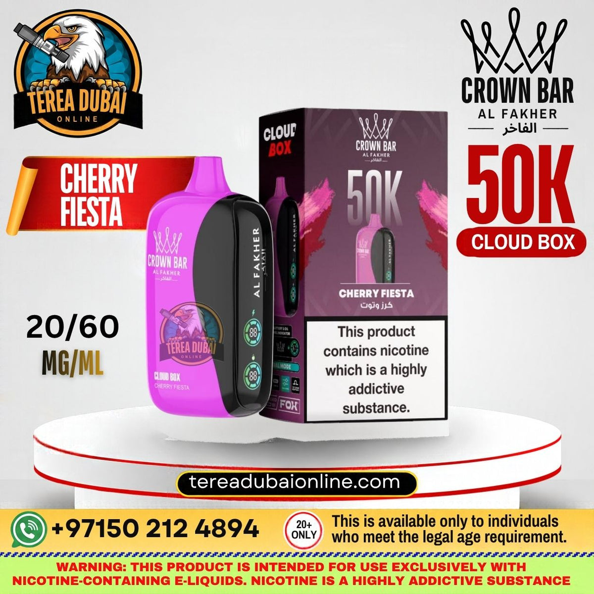 Terea Dubai Crown Bar Al Fakher 50K Cloud Box Cherry Fiesta e-liquid packaging and device shown on a promotional graphic with branding, price, and warning text.