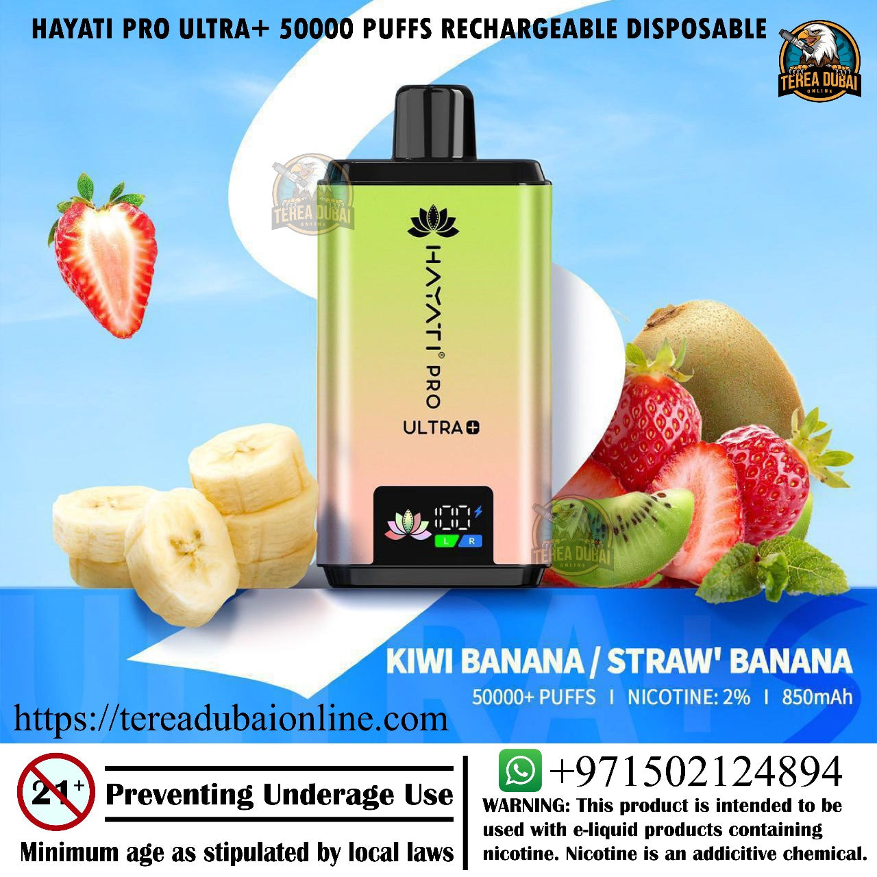 Hayati Pro Ultra+ vape device with fruits on a blue background