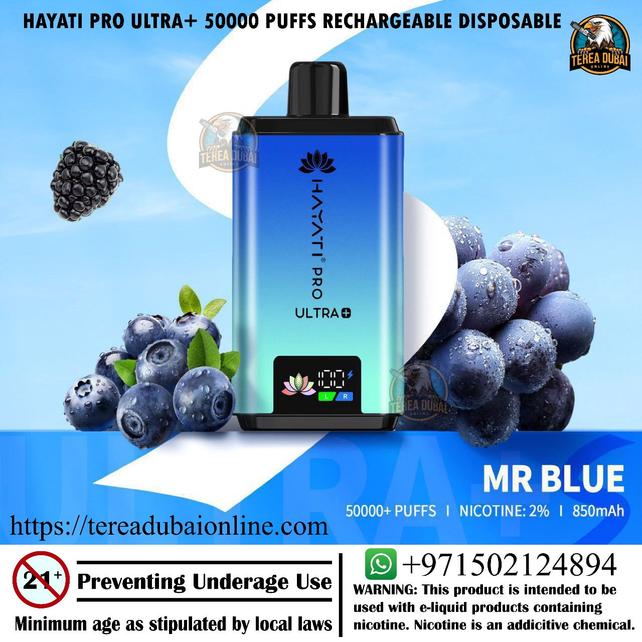 Hayati Pro Ultra+ vape device with blueberries on a blue background
