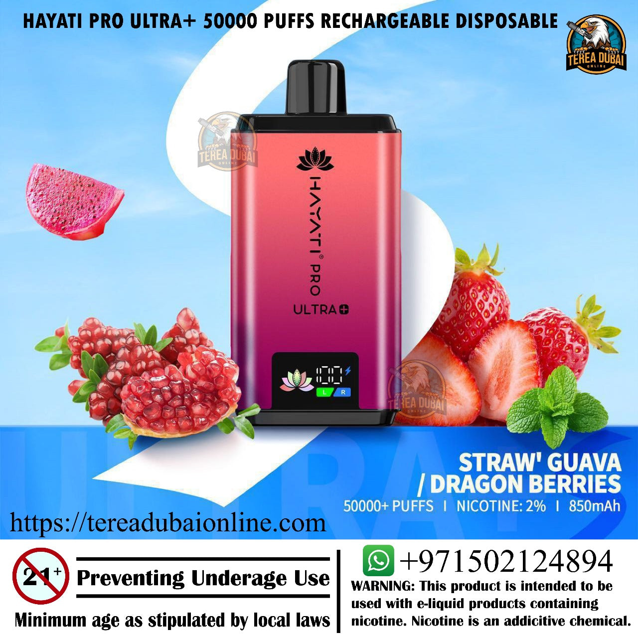 Hayati Pro Ultra+ vape device with fruit graphics on a blue background