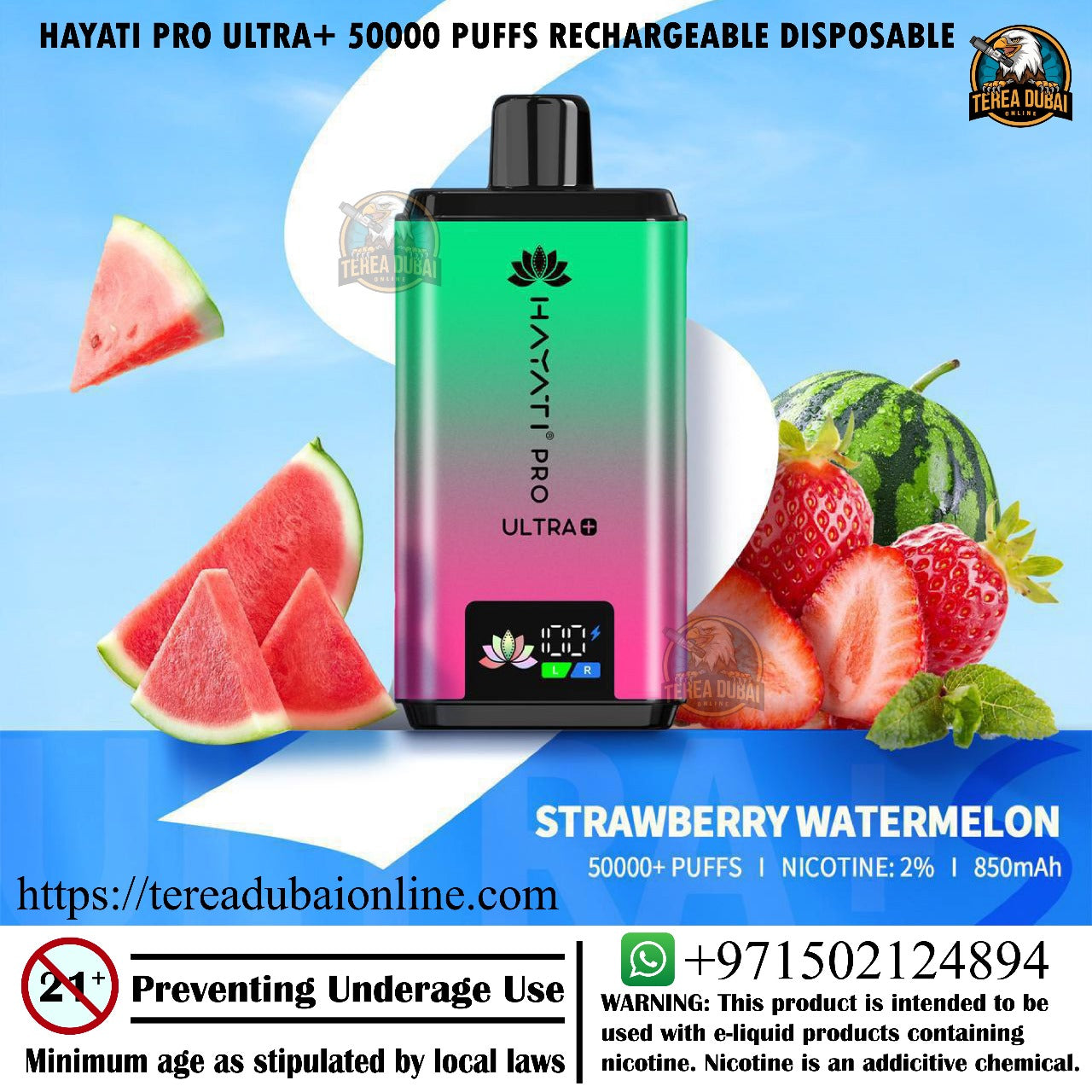 Hayati Pro Ultra+ vape device with watermelon and strawberry graphics on a blue background