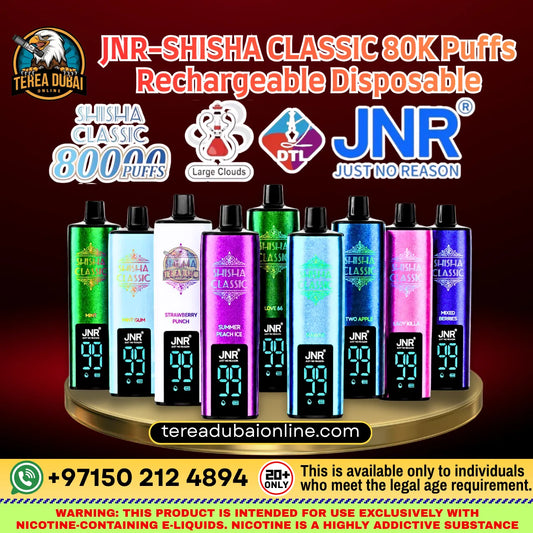 A promotional graphic for JNR Shisha Classic 80000 Puffs disposable vape devices, showing multiple colorful vape units on a gold platform against a dark red gradient background with large text and branding. 