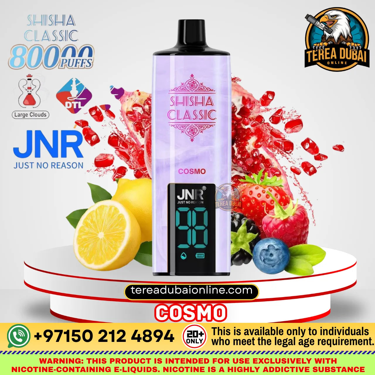 A JNR Shissha Classic disposable vape device with a digital screen, displayed on a white pedestal with fresh fruit graphics like lemons, strawberries, and blueberries, and surrounded by promotional text and brand logos.