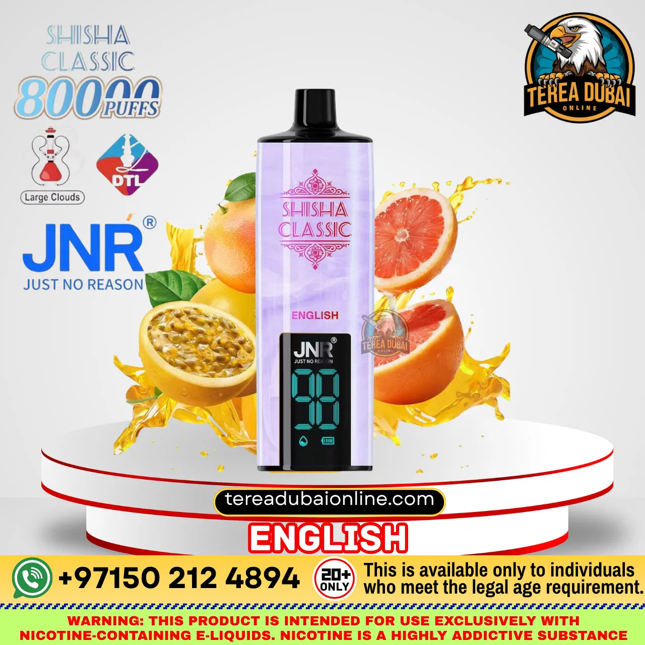 A JNR Shisha Classic disposable vape device with a lavender and white design, displayed on a white pedestal with citrus graphics and promotional text overlays.