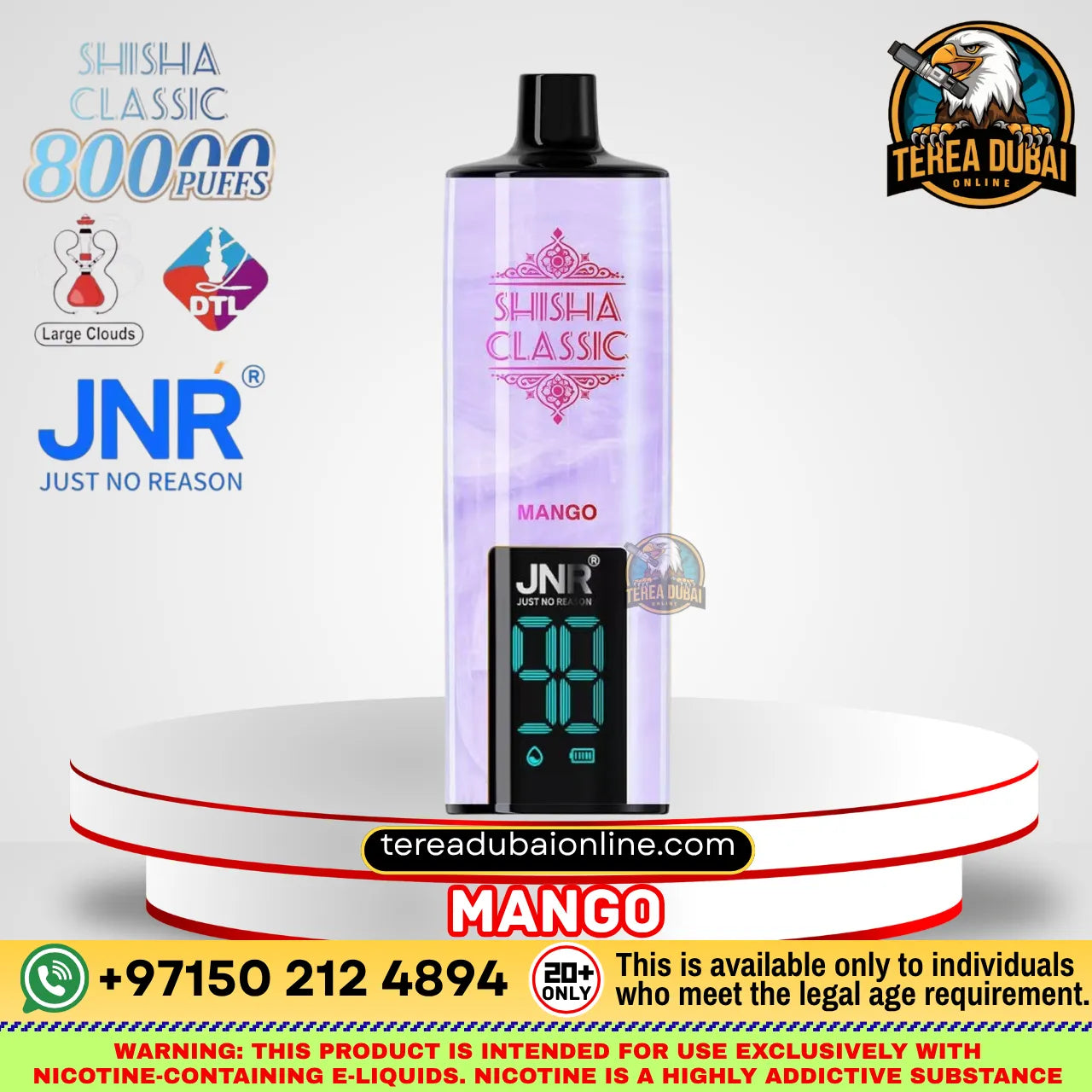 A JNR Shisha Classic 80000 Puffs disposable vape device in Mango flavor, displayed on a white and red circular pedestal. The image includes various promotional logos and text overlays, including JNR, Terea Dubai, and DTL, on a light gray background.