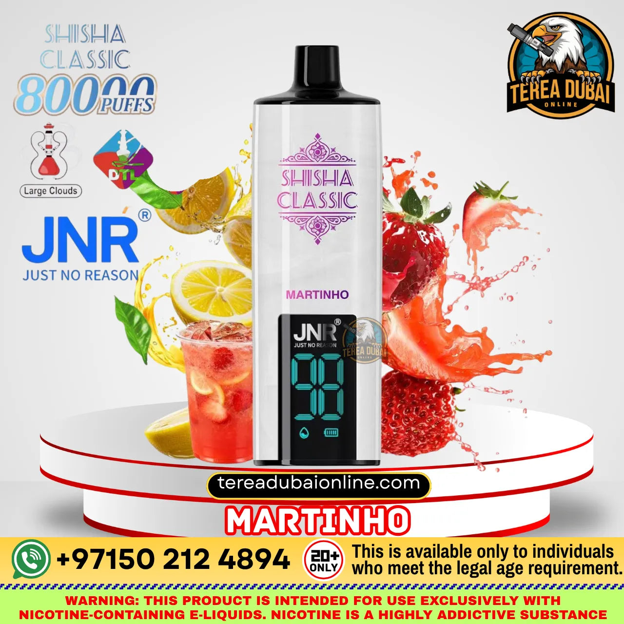 A JNR Shisha Classic disposable vape device in 'Martinho' flavor, shown on a white pedestal with fruit and drink graphics. The ad includes logos for JNR and Terea Dubai, and flavor and brand text.