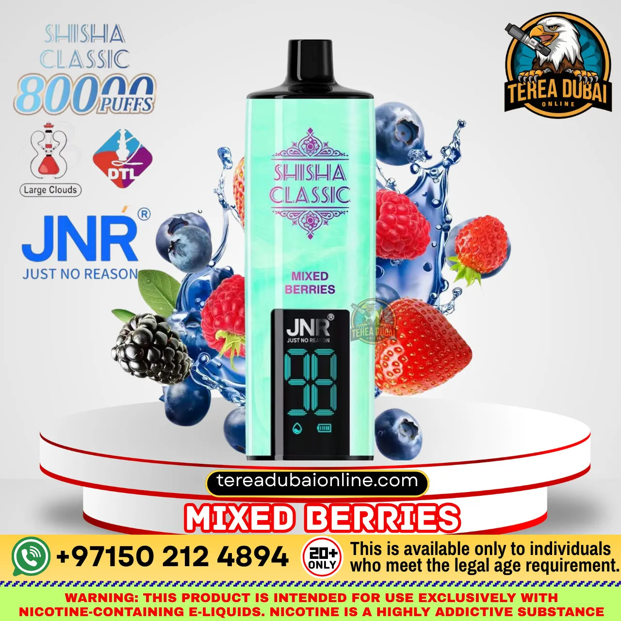 A JNR Shisha Classic electronic vape device with a mint green body and black mouthpiece, displayed on a white pedestal with 'Mixed Berries' flavor text. The background is white with water splash graphics of berries, surrounded by promotional logos and text overlays for JNR, Terea Dubai, and DTL.
