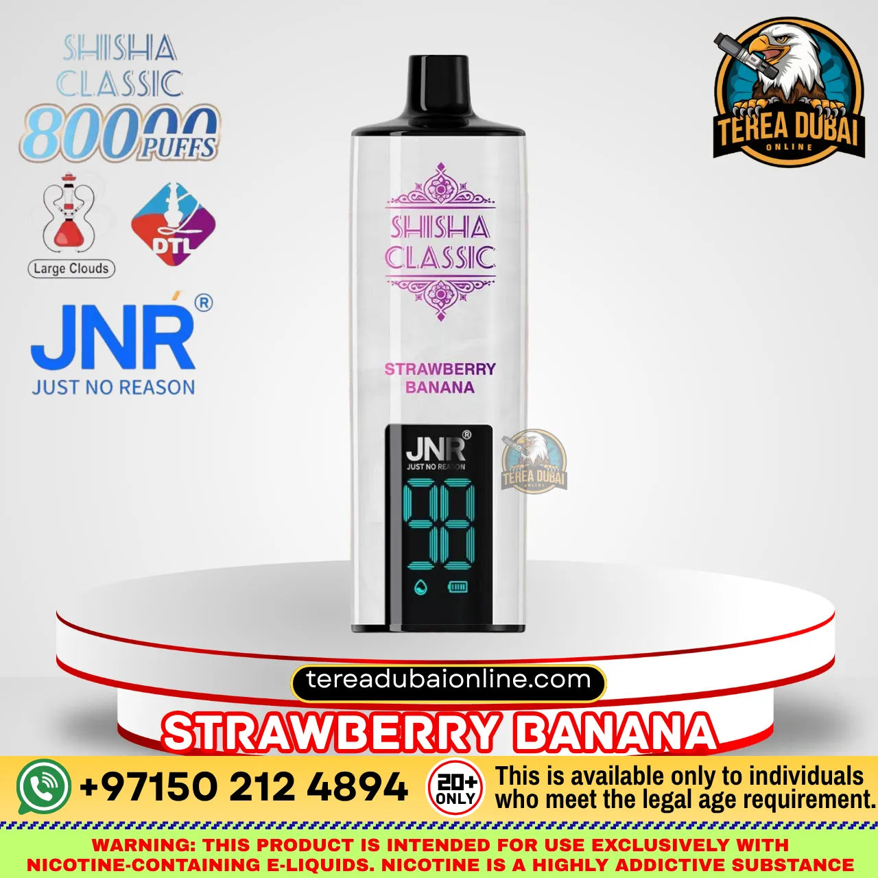 A JNR Shisha Classic disposable vape device in Strawberry Banana flavor, displayed on a white and red circular pedestal. The background is white with various promotional text overlays, logos, and warning labels.