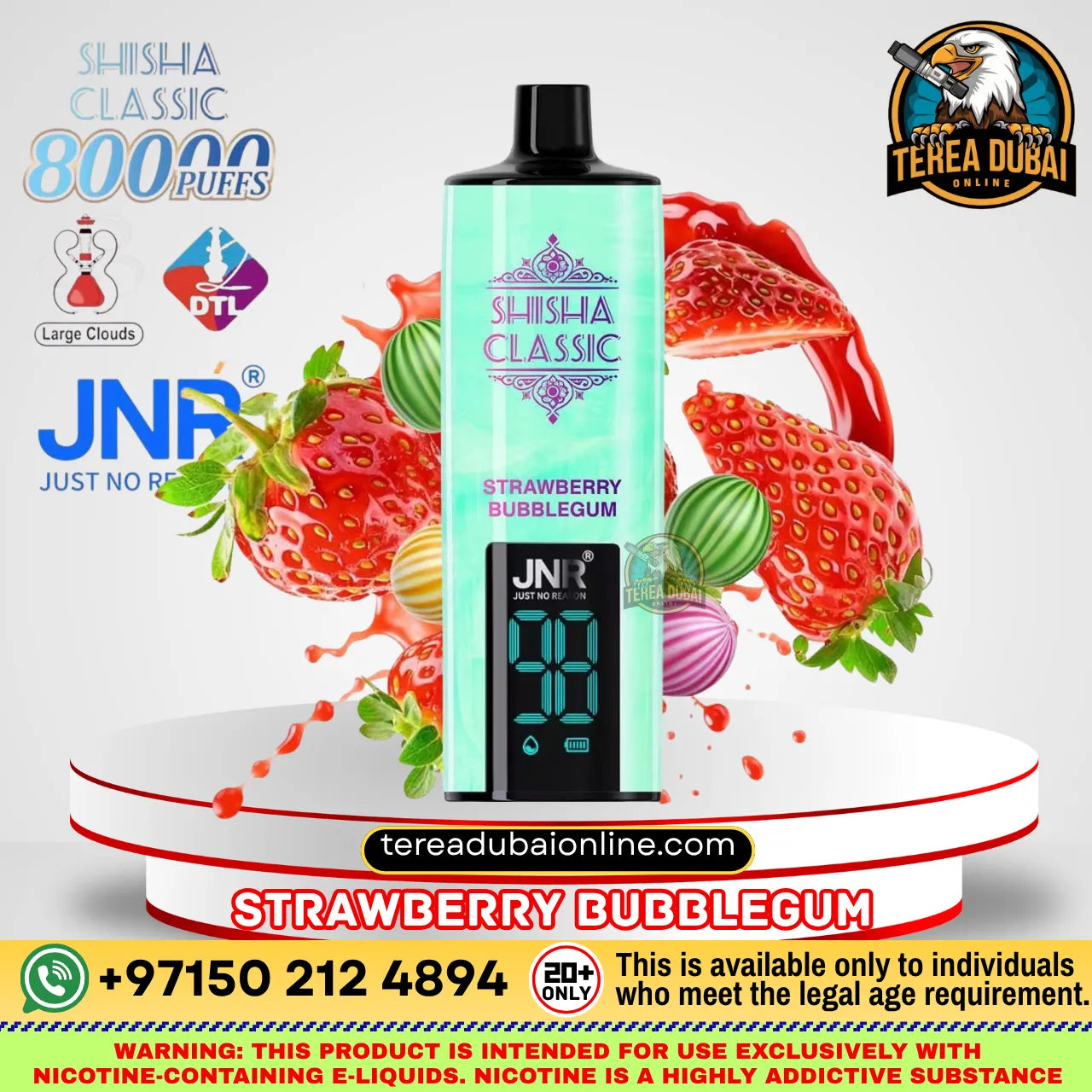 A shisha bubblegum vape device labeled 'Shisha Classic Strawberry Bubblegum' in mint green, shown on a white display stand with strawberries and red juice splashes in the background. The image contains multiple promotional logos and text, including Terea Dubai, JNR, and DTL.