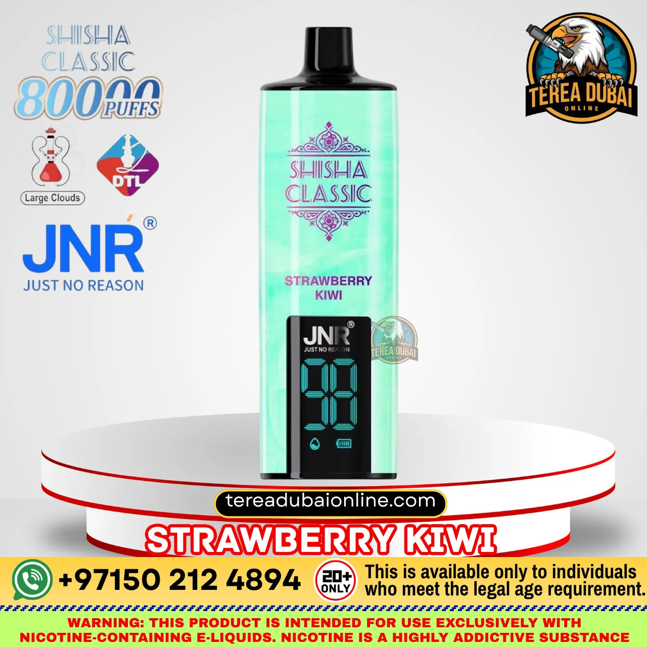 A mint green and black JNR Shisha Classic disposable vape device on a white display stand, with promotional text and logos for JNR and Terea Dubai around it.
