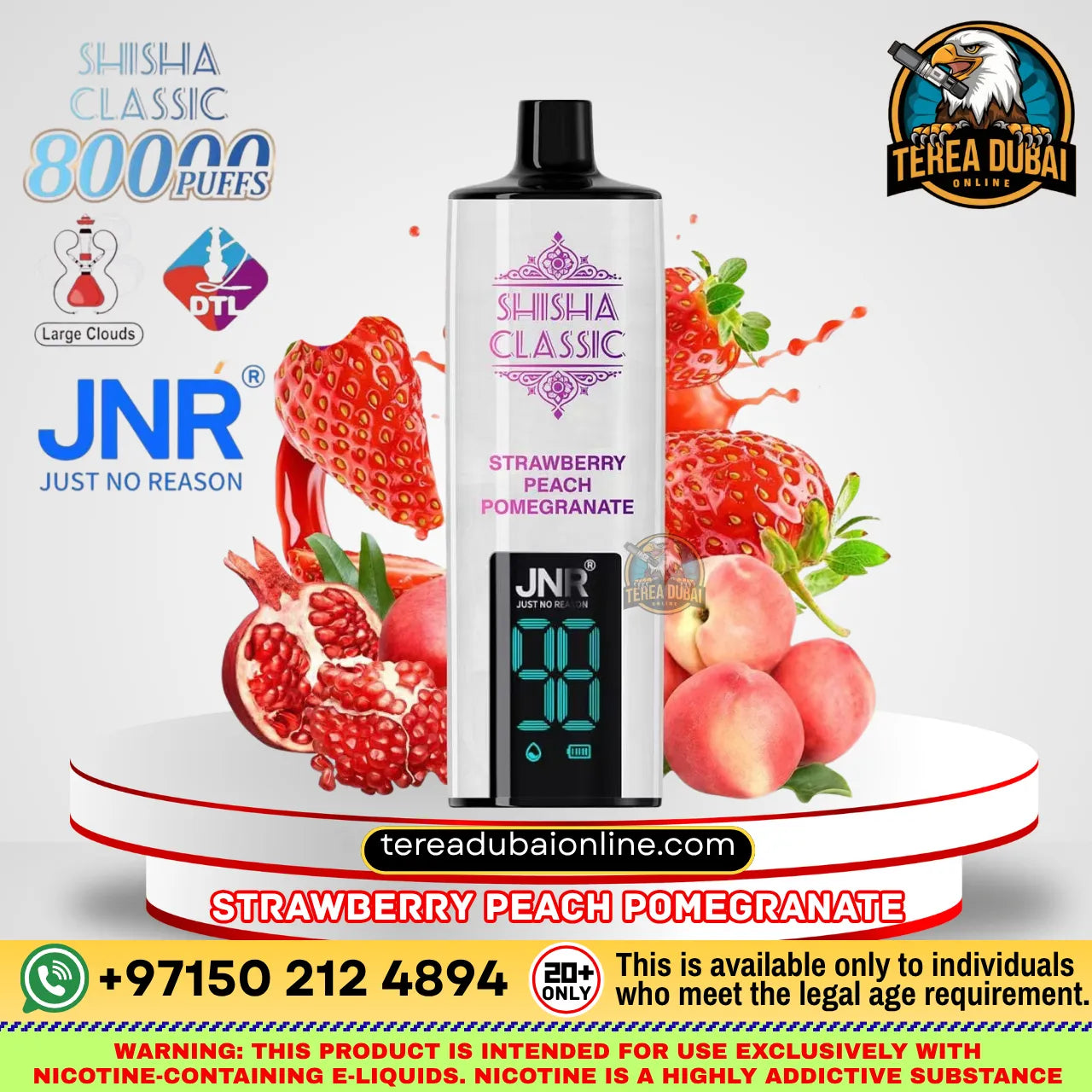 A JNR Shisha Classic disposable vape device in Strawberry Peach Pomegranate flavor, displayed on a white pedestal with fresh strawberries, peaches, and pomegranates. The background is white with various promotional text overlays, logos, and warning labels.