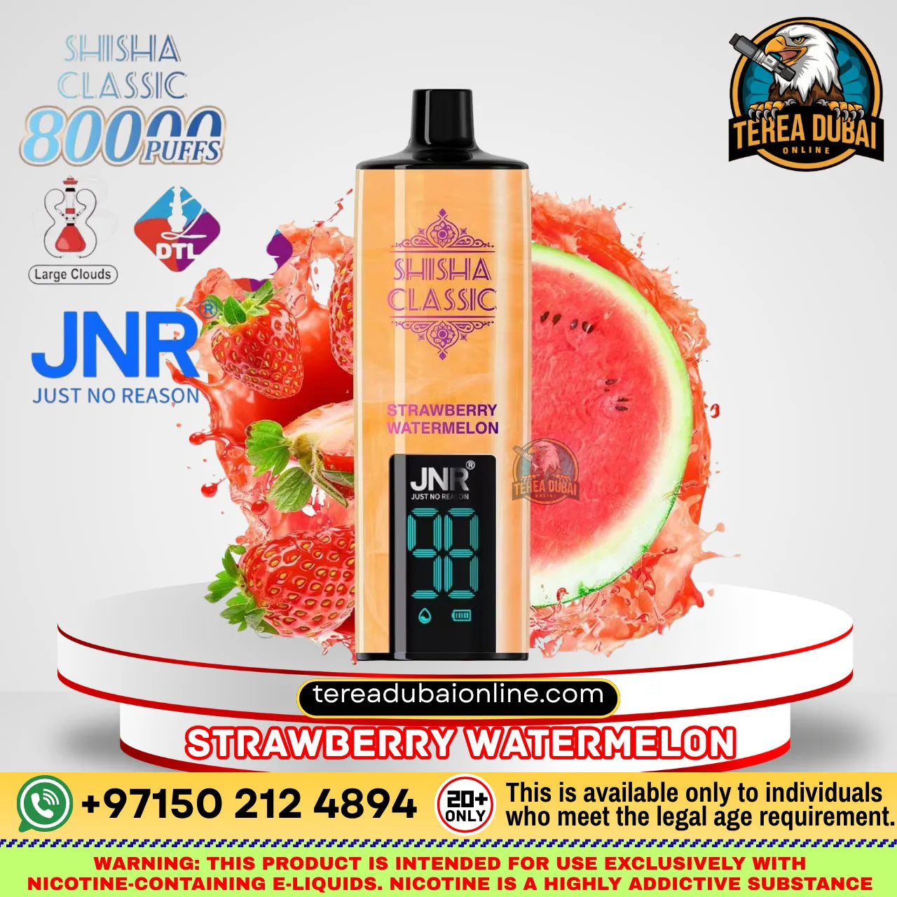 A JNR Shisha Classic disposable vape device in strawberry watermelon flavor, displayed on a white pedestal with a watermelon and strawberry graphic splash behind it. The image contains multiple promotional badges, logos, and contact information.
