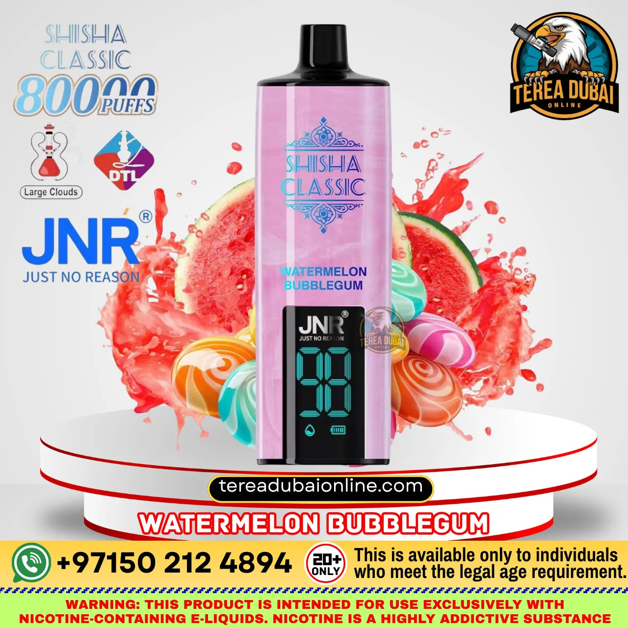A pink Shisha Classic bubblegum machine with a digital display, presented on a white pedestal with watermelon graphics and promotional text for Terea Dubai and JNR.