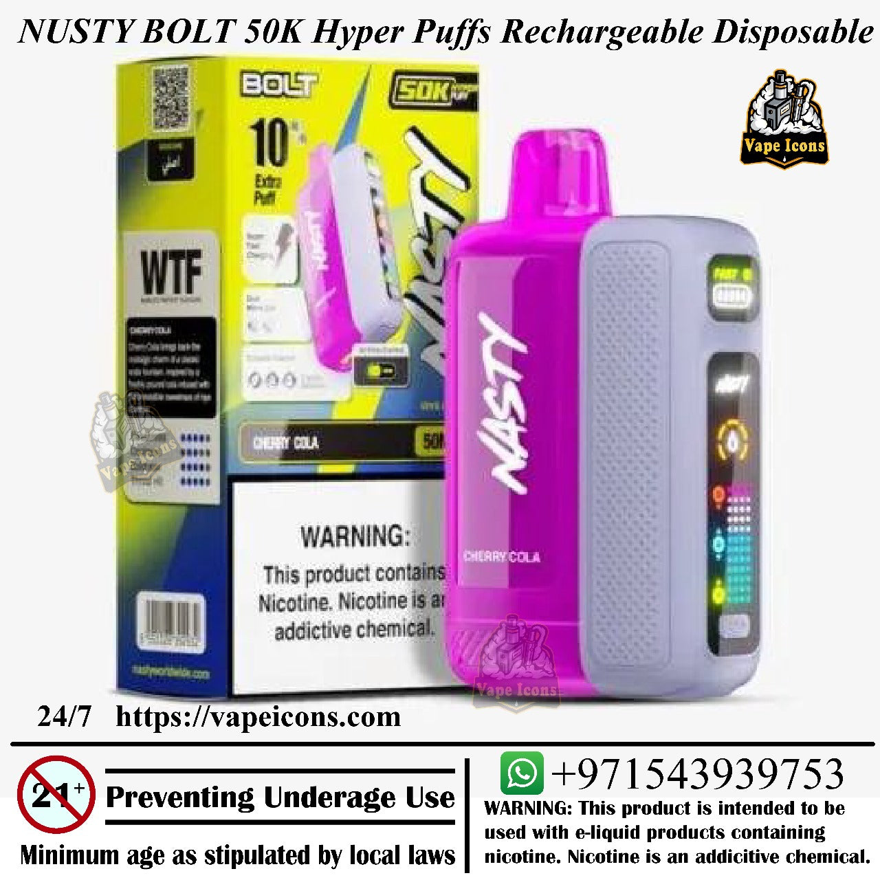 Nusty Bolt 50K Hyper Puffs Rechargeable Disposable device with packaging and branding elements. Vape UAE, Vape Online.