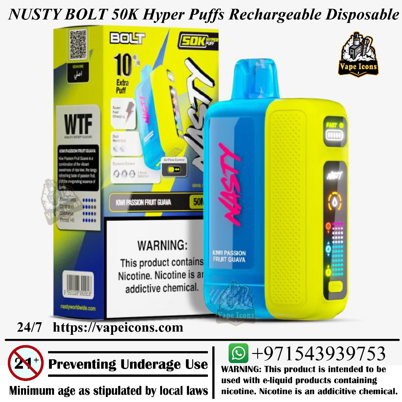 Nusty Bolt 50K Hyper Puffs Rechargeable Disposable device with packaging and branding details. Best Vape Flavore, Premium Vape Flavore.