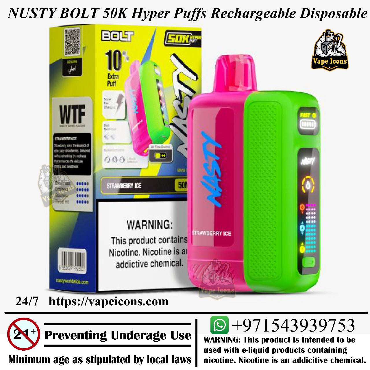 Nusty Bolt 50K Hyper Puffs Rechargeable Disposable vape device with packaging and branding. Vape Buy UAE, 50mg Vape.